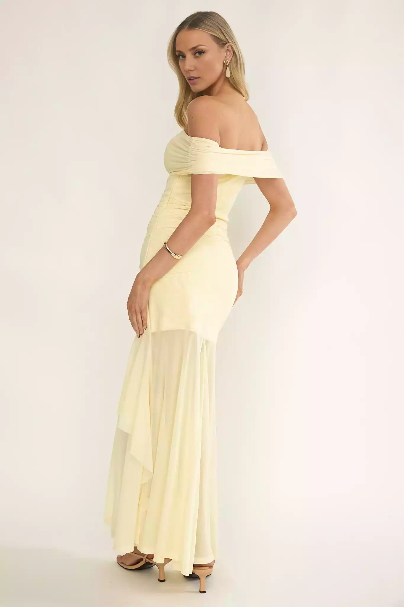 Gorgeous close fitting silhouette with off shoulder pleat details and zippered side Prom Dresses