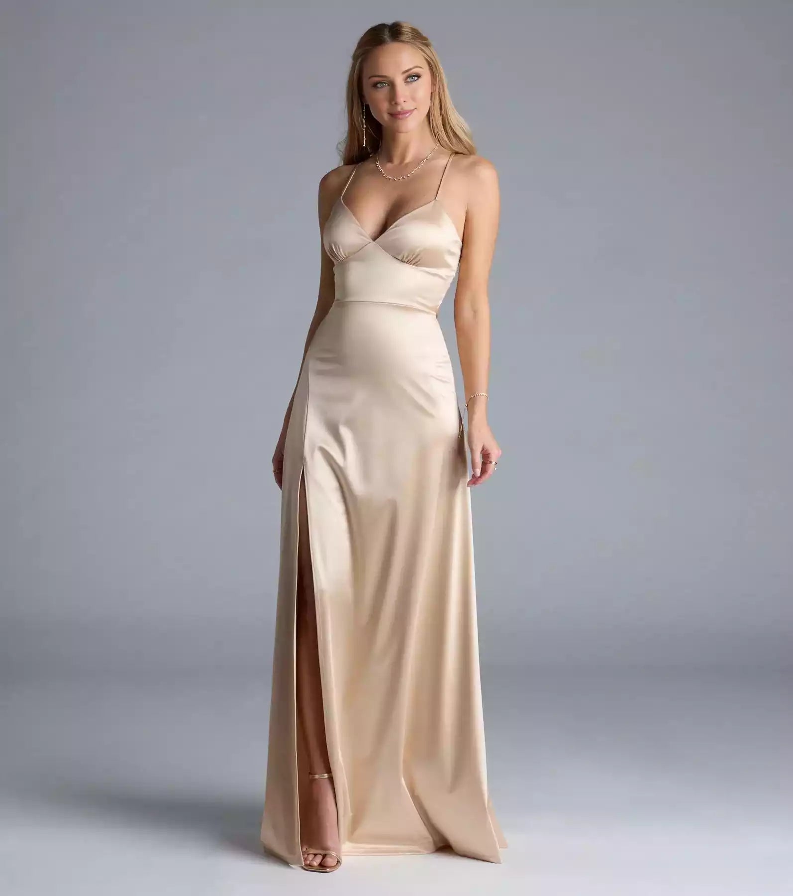 Gorgeous elastic satin V-neck back strap hem zipper A-line and floor Prom Dresses