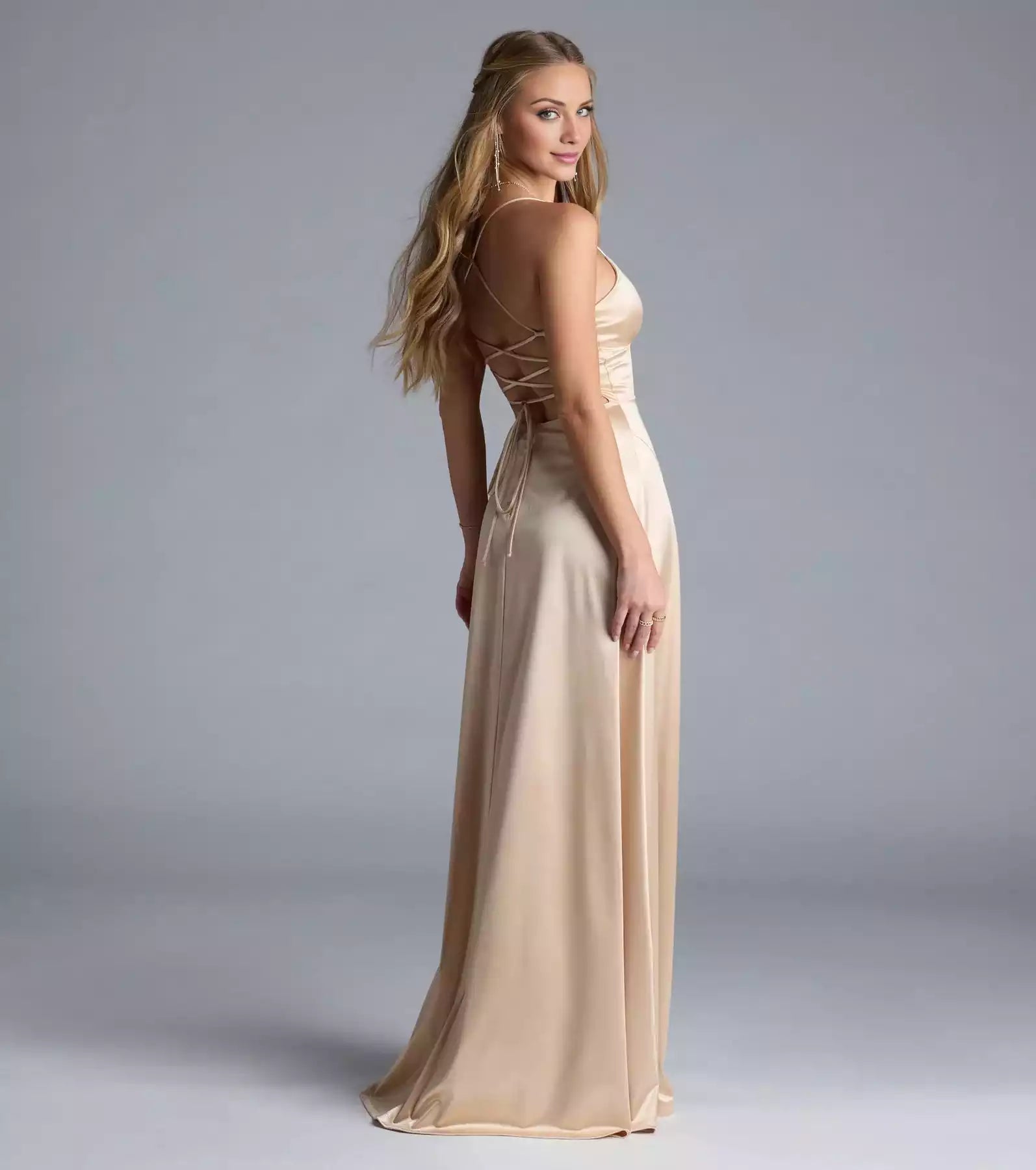 Gorgeous elastic satin V-neck back strap hem zipper A-line and floor Prom Dresses