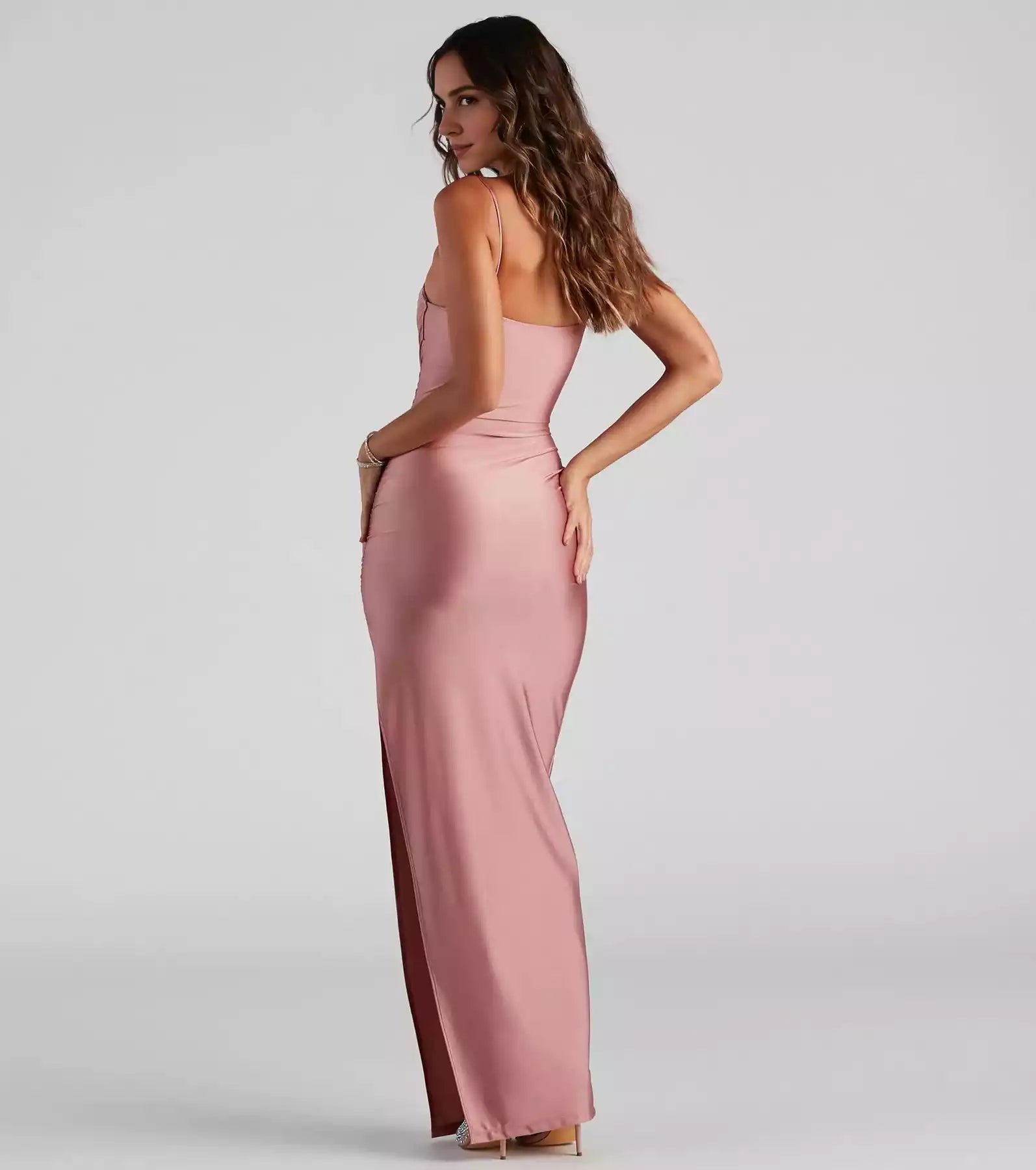 Gorgeous floor elastic satin high neck slim camisole slim fit silhouette high side slit Prom Dresses