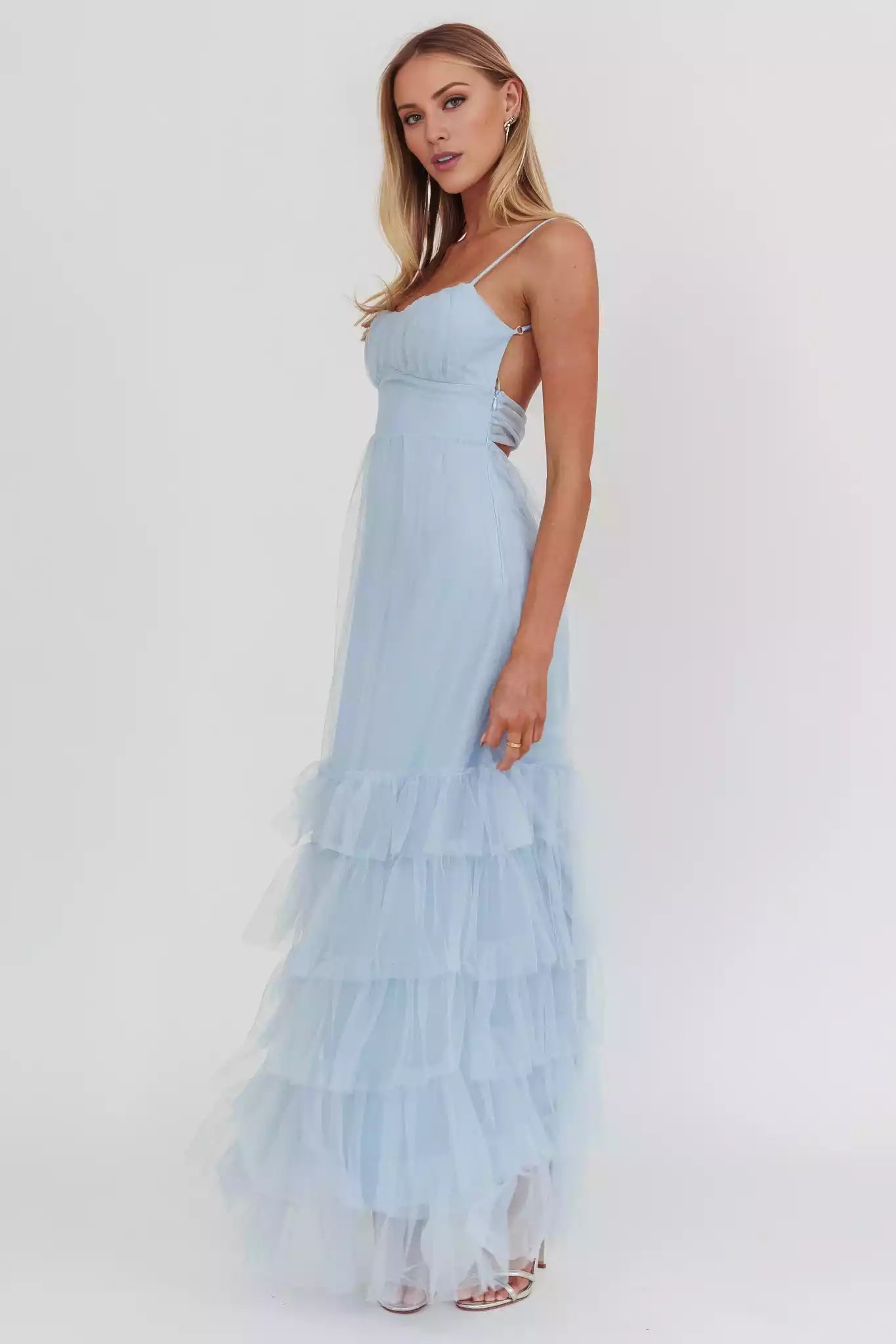 Gorgeous grid coverage, adjustable shoulder straps with ruffled edges and side zippers Prom Dresses