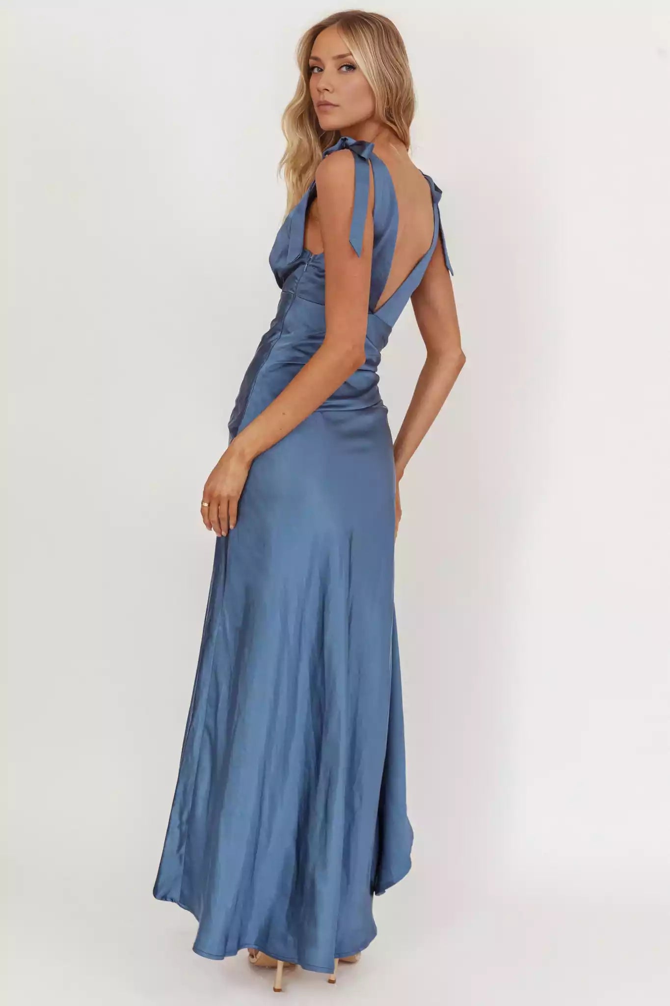 Gorgeous high and low hem with shoulder straps and waist cinching design, featuring zippers on the side Prom Dresses