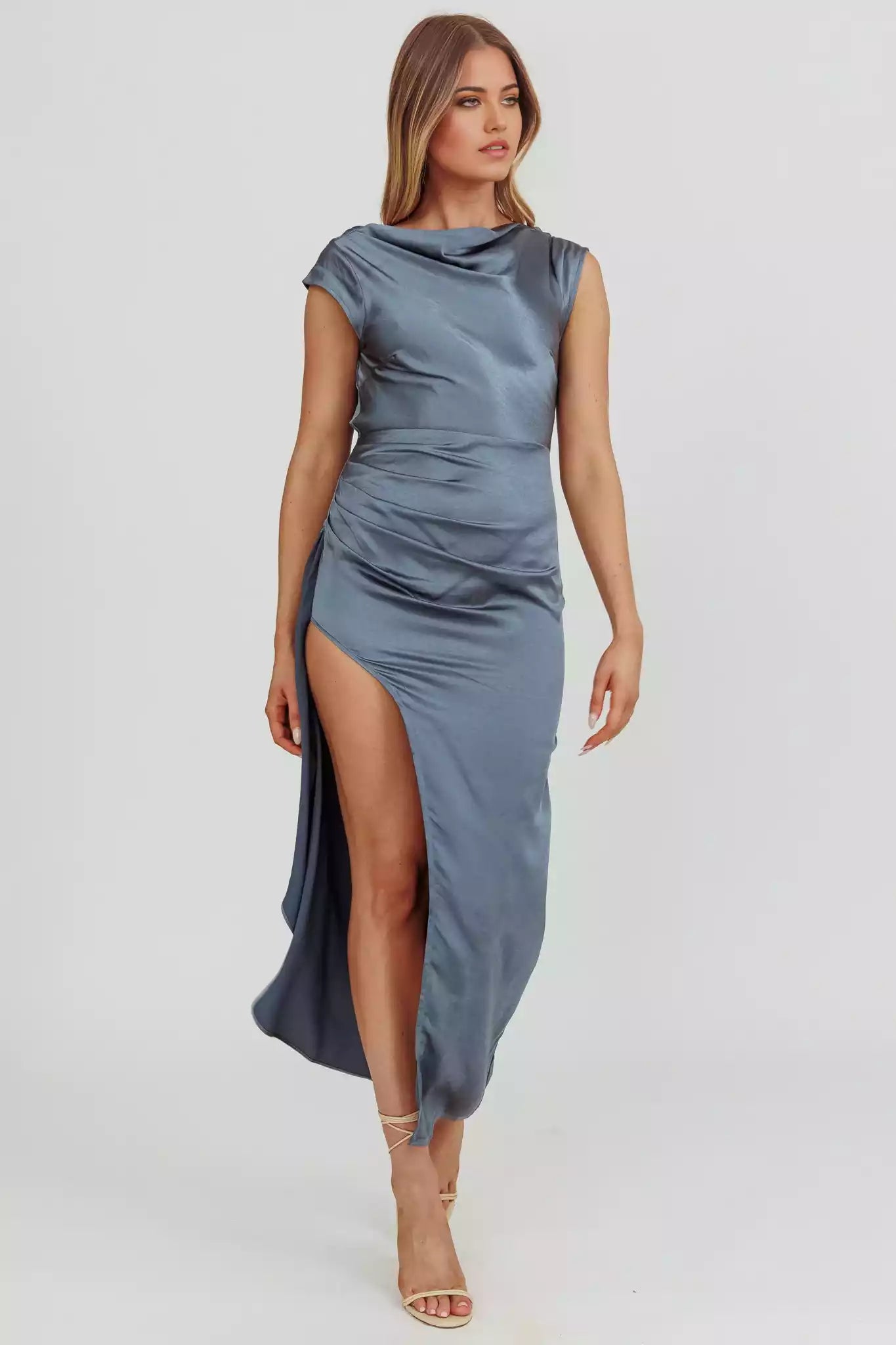 Gorgeous leg slits with a full sense of drape, unlined invisible side zipper Prom Dresses