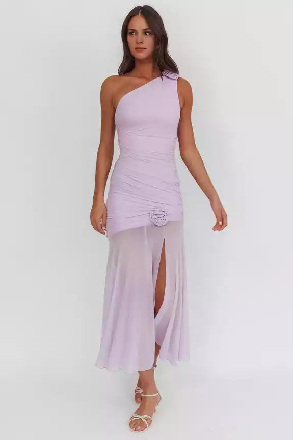 Gorgeous lining with single shoulder pleat details, rose embellishment, slit, see through hem, zipper on the side, Prom Dresses