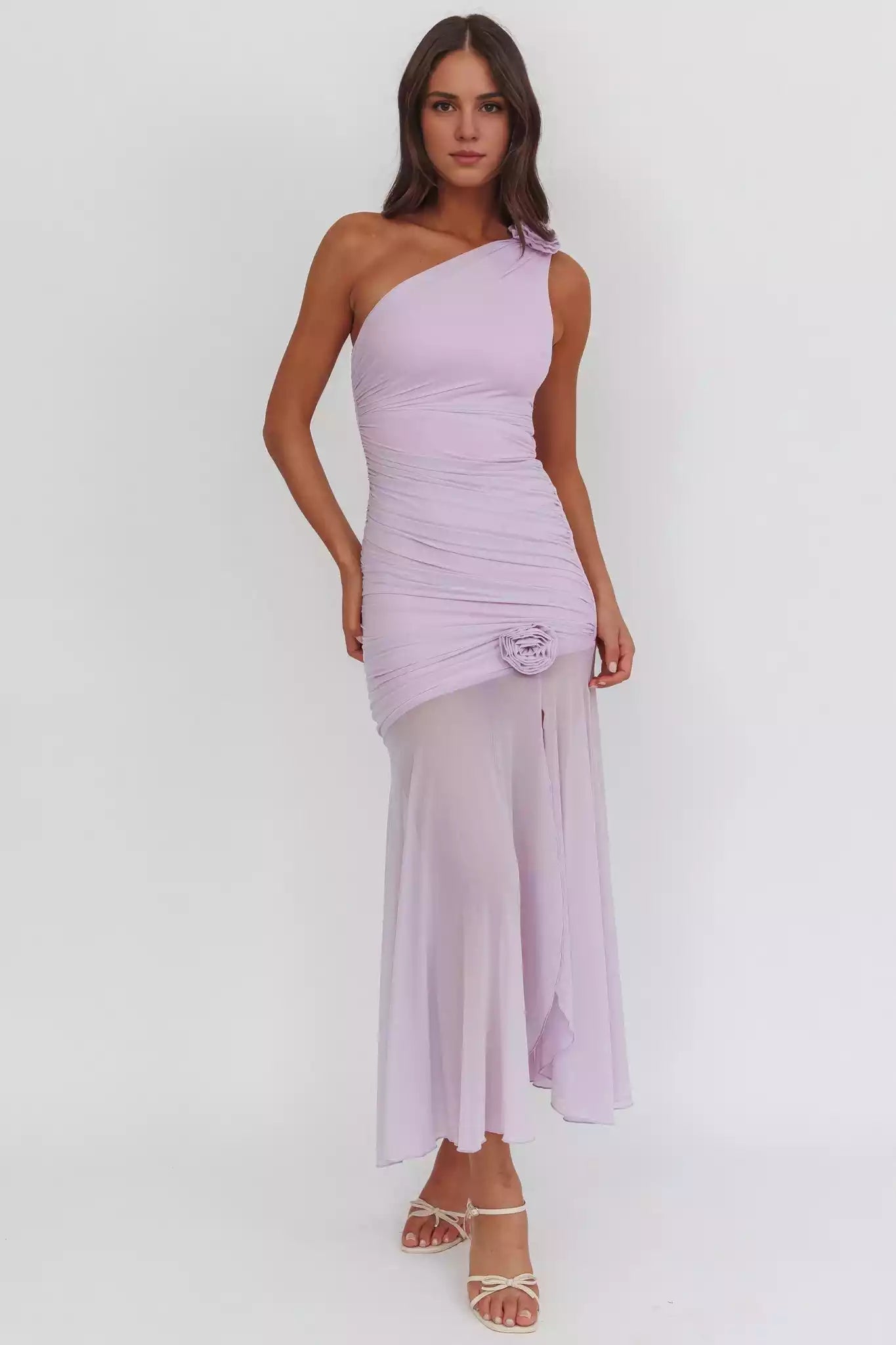 Gorgeous lining with single shoulder pleat details, rose embellishment, slit, see through hem, zipper on the side, Prom Dresses