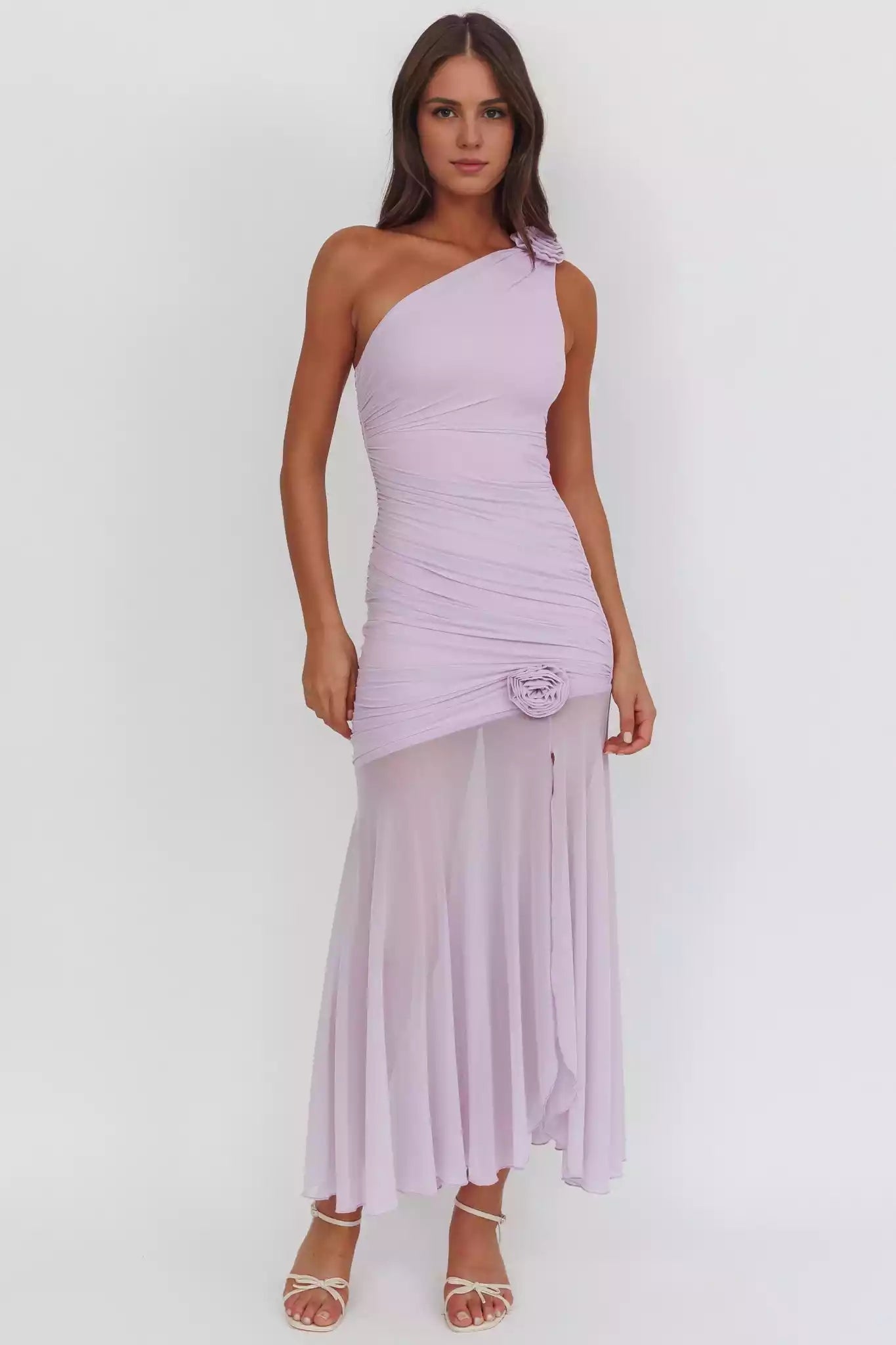 Gorgeous lining with single shoulder pleat details, rose embellishment, slit, see through hem, zipper on the side, Prom Dresses