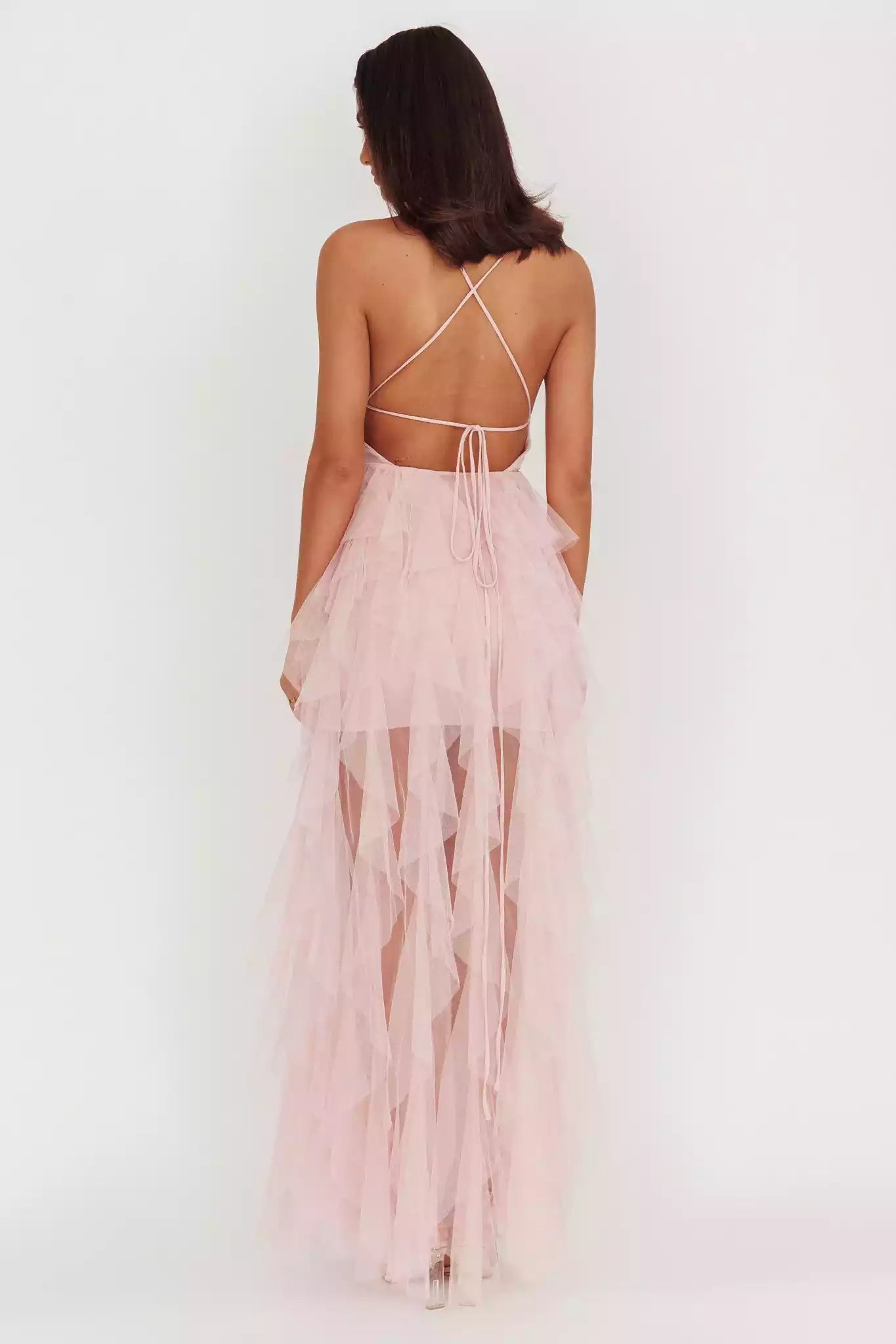 Gorgeous low cut layered ruffle lined backless lace up back with zipper Prom Dresses
