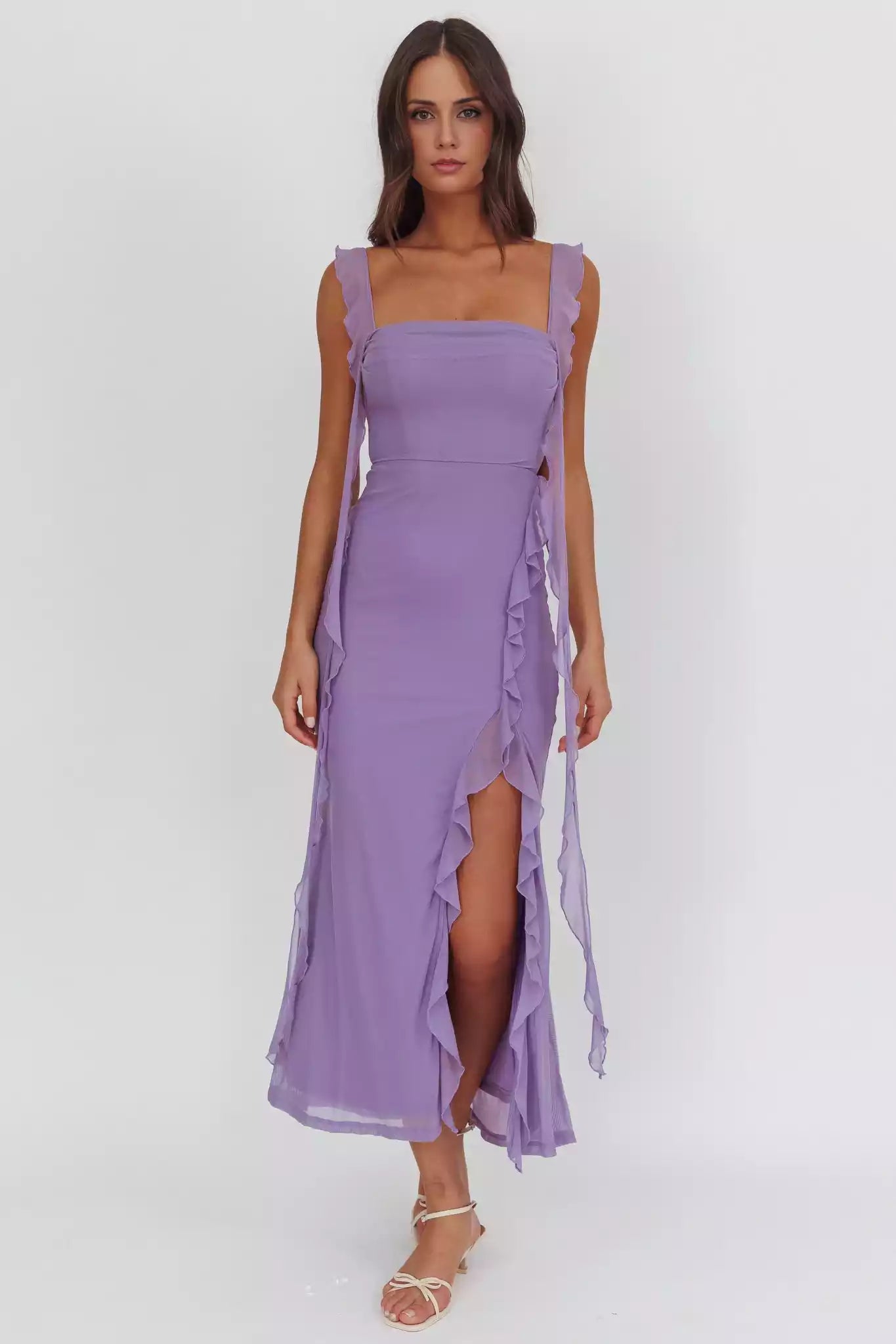 Gorgeous mesh, ultra long adjustable ruffle edge shoulder straps with pleated details on the chest and zipper on the back Prom Dresses