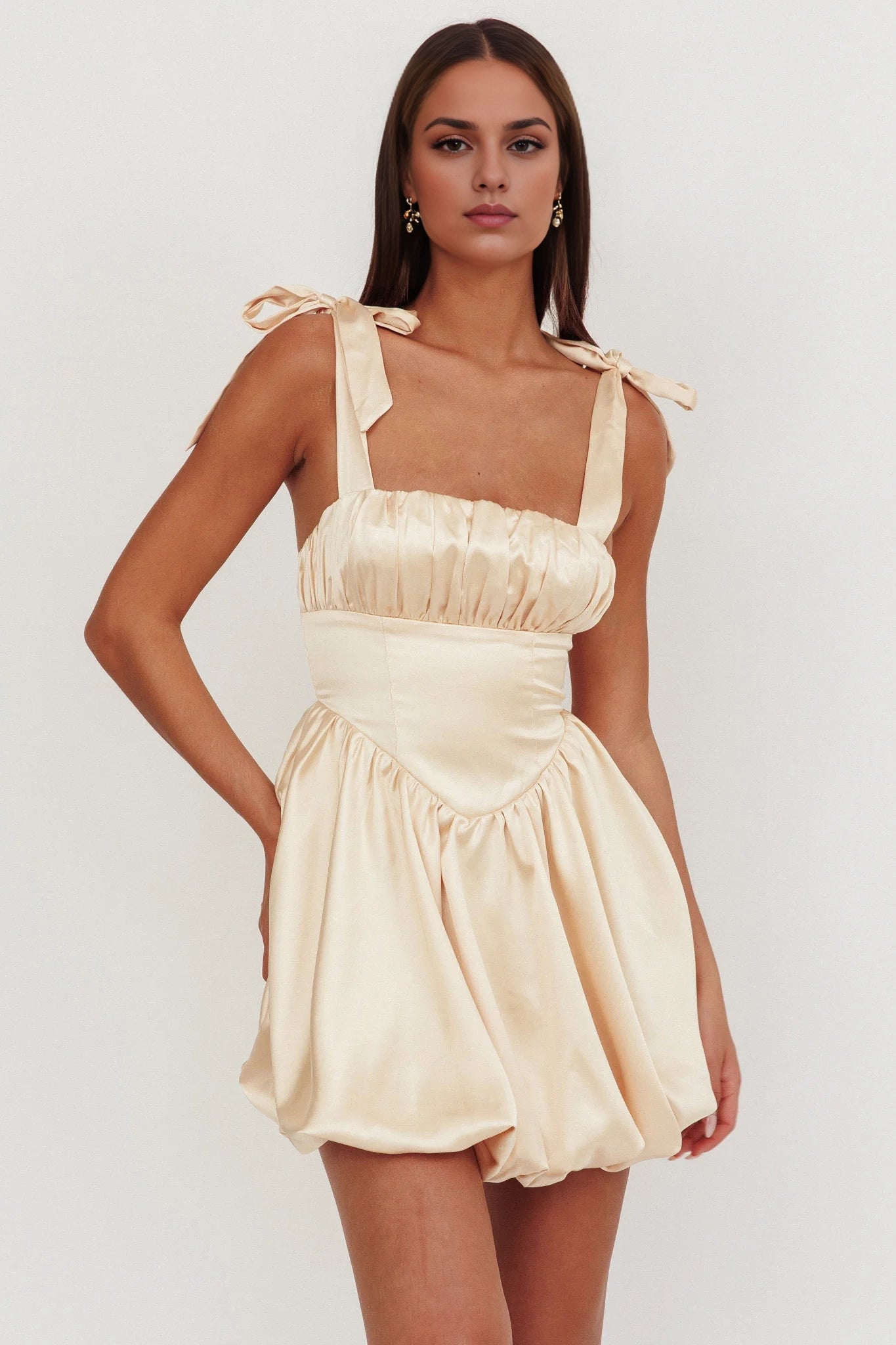 Gorgeous mini shoulder tied bubble hem with zipper at the back Homecoming Dresses