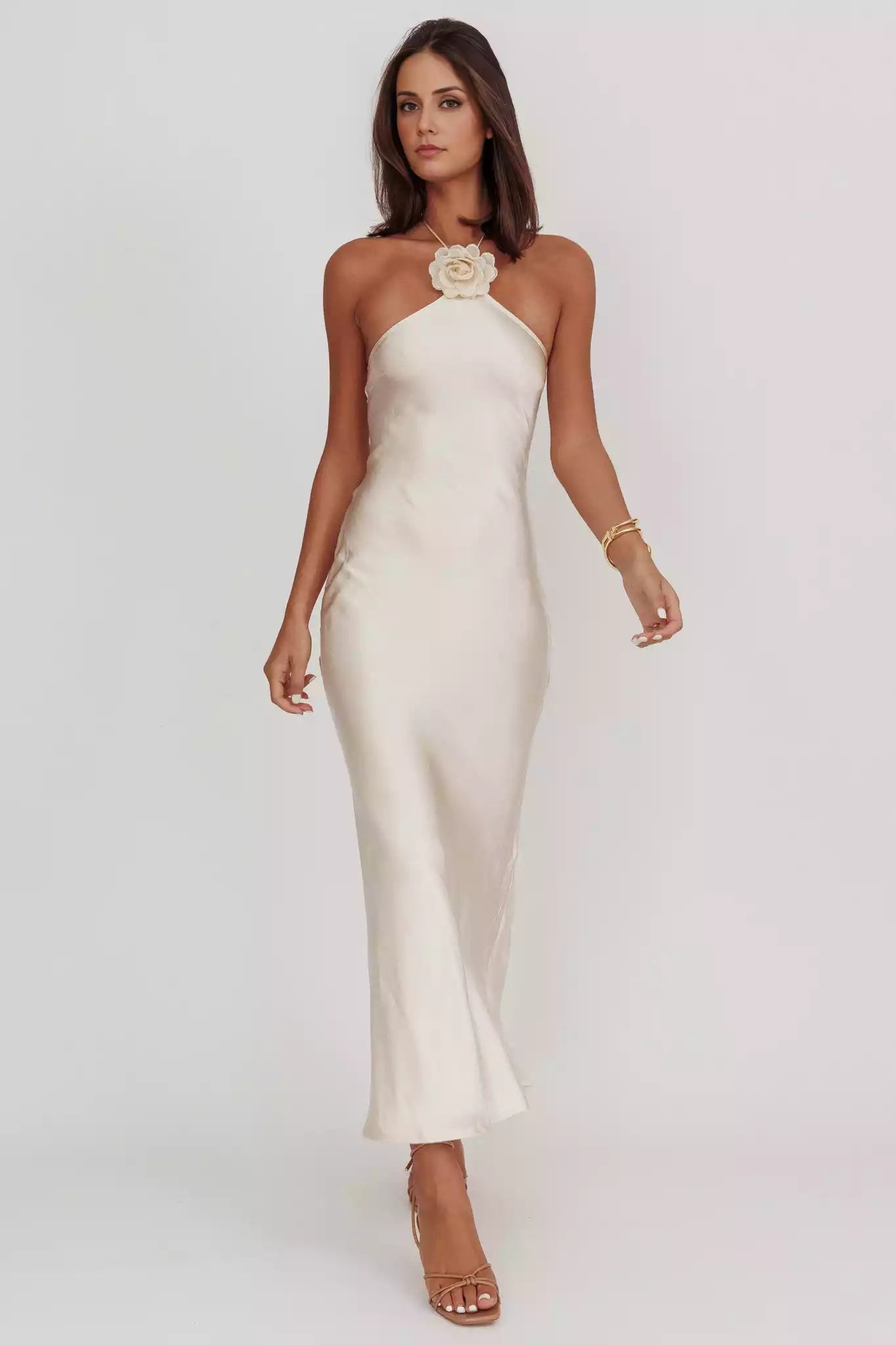 Gorgeous neck hanging detachable rose knot clip without lining invisible side zipper Prom Dresses