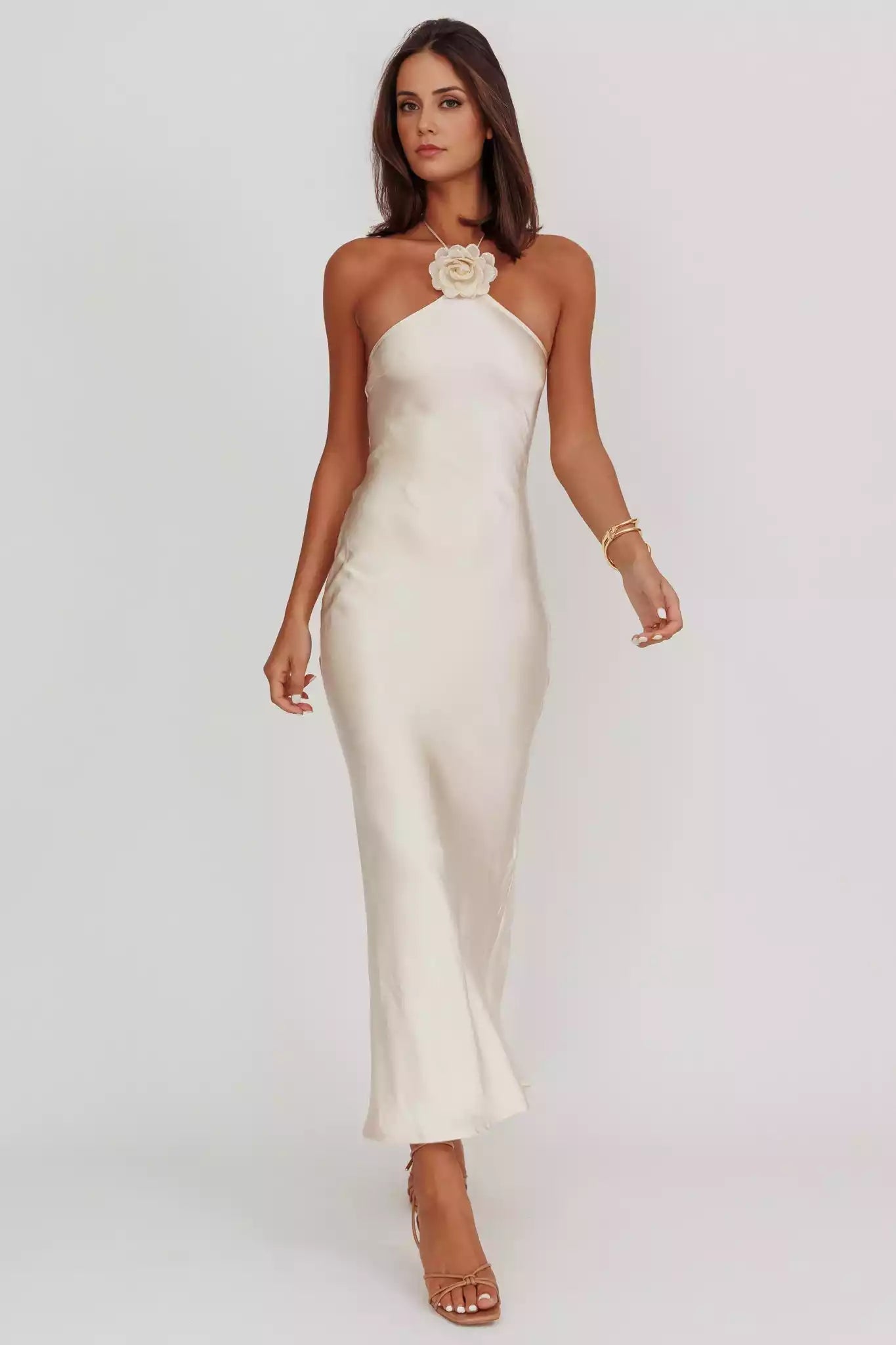 Gorgeous neck hanging detachable rose knot clip without lining invisible side zipper Prom Dresses