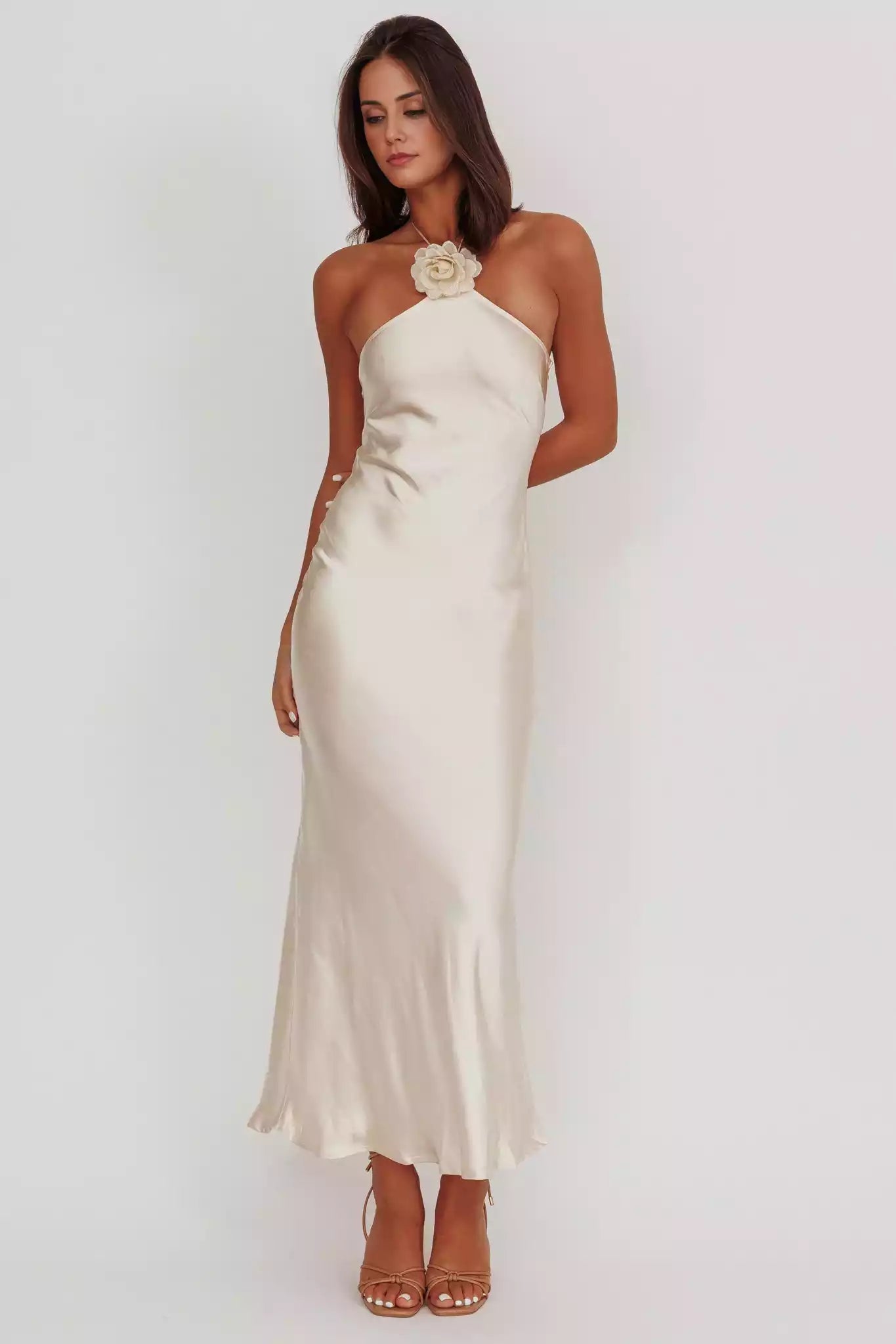 Gorgeous neck hanging detachable rose knot clip without lining invisible side zipper Prom Dresses