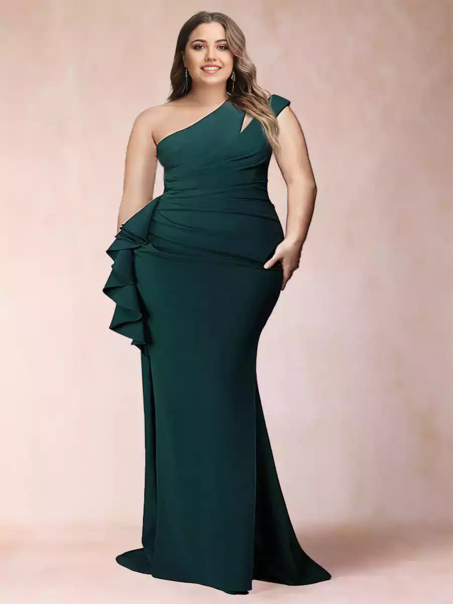 Gorgeous one shoulder sleeveless pleated plus ruffle hem slim fit/straight cut Mother of the Bride Dresses