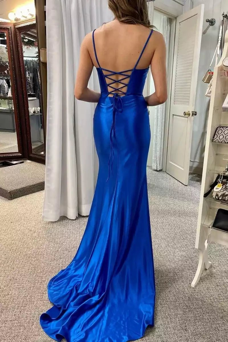 Gorgeous round neck mermaid sleeveless pleated lace up back Prom Dresses