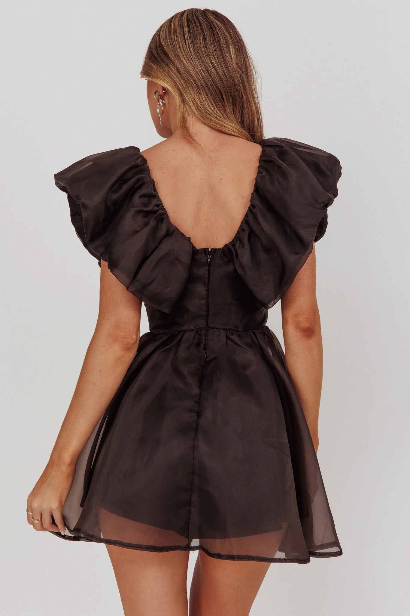 Gorgeous ruffled neckline, mini back with zipper for stunning styling Homecoming Dresses