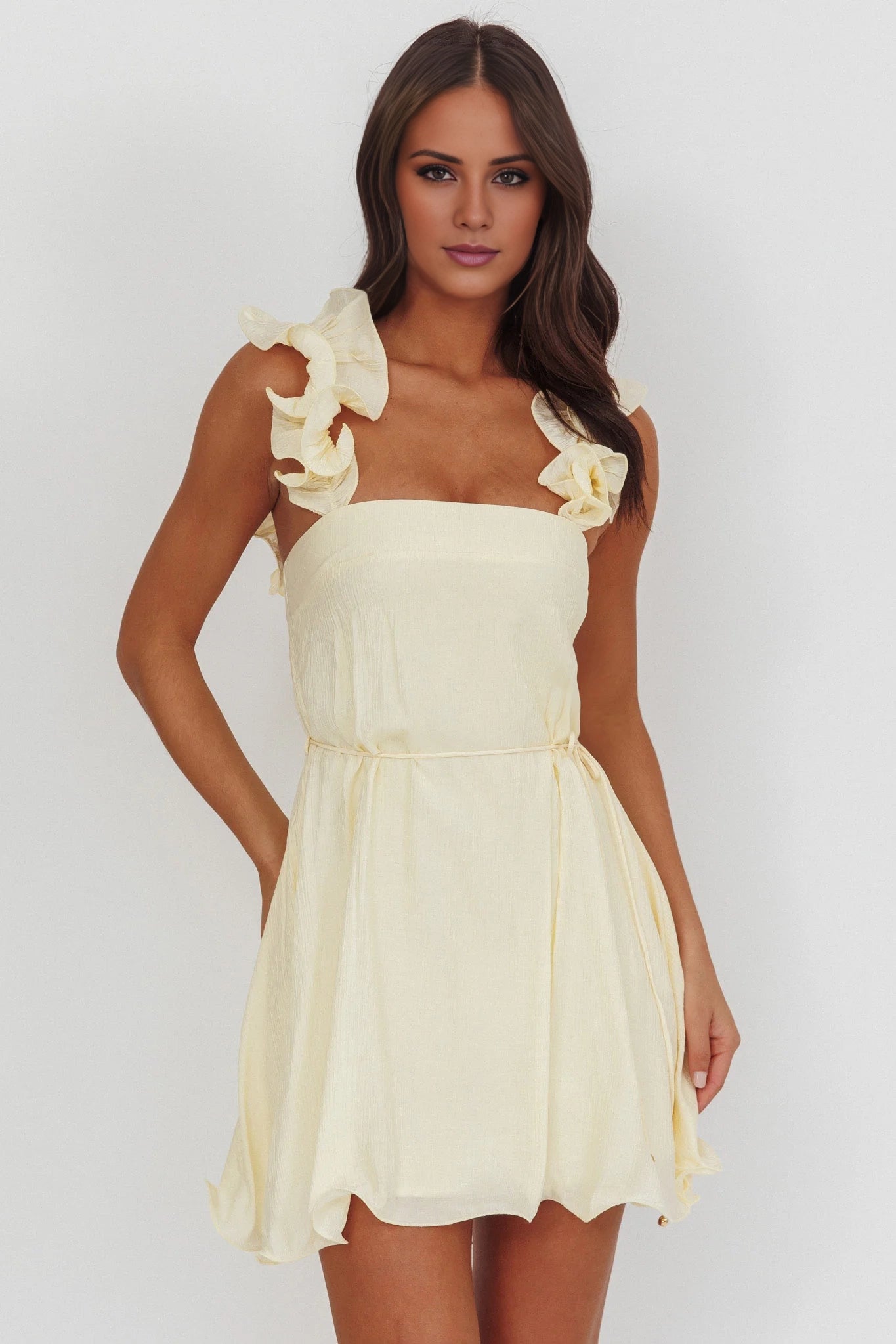 Gorgeous ruffled shoulder straps, waist tie, back zipper, Homecoming Dresses