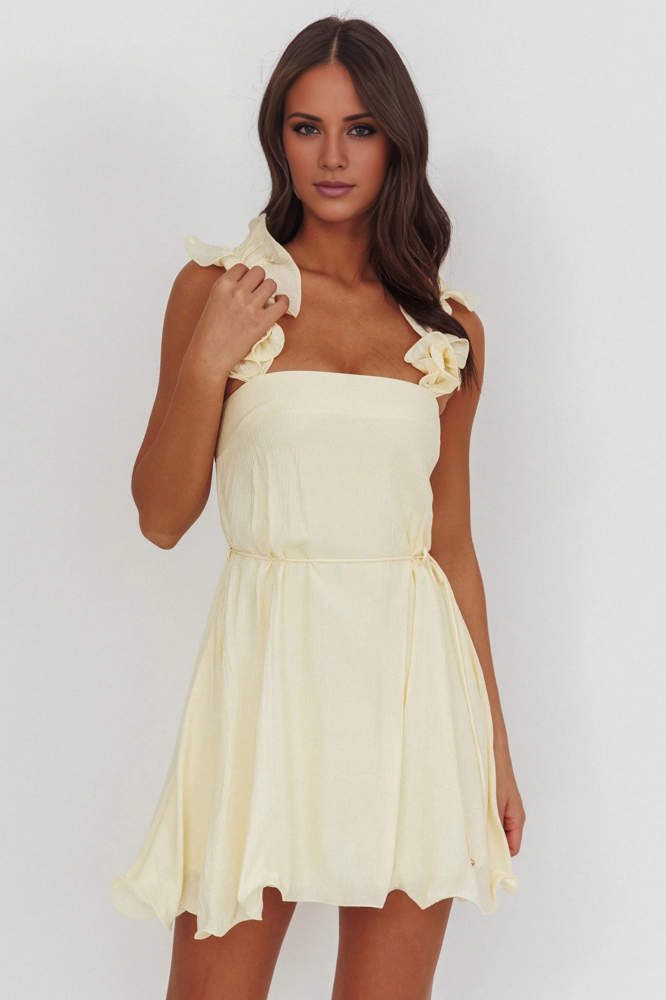 Gorgeous ruffled shoulder straps, waist tie, back zipper, Homecoming Dresses