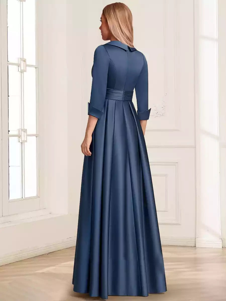 Gorgeous satin A-line/princess V-neck lapel with three quarter sleeves and floor length Mother of the Bride Dresses