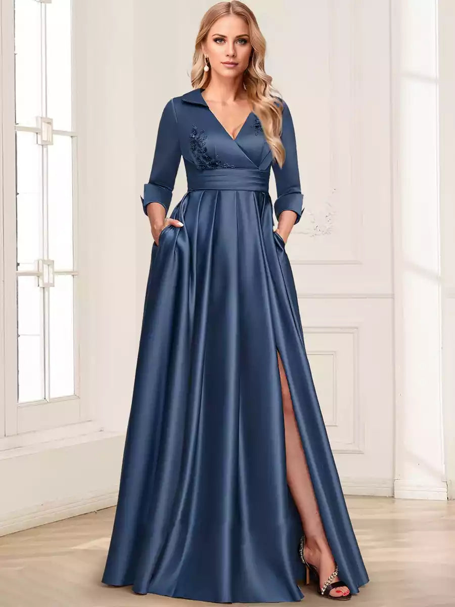 Gorgeous satin A-line/princess V-neck lapel with three quarter sleeves and floor length Mother of the Bride Dresses