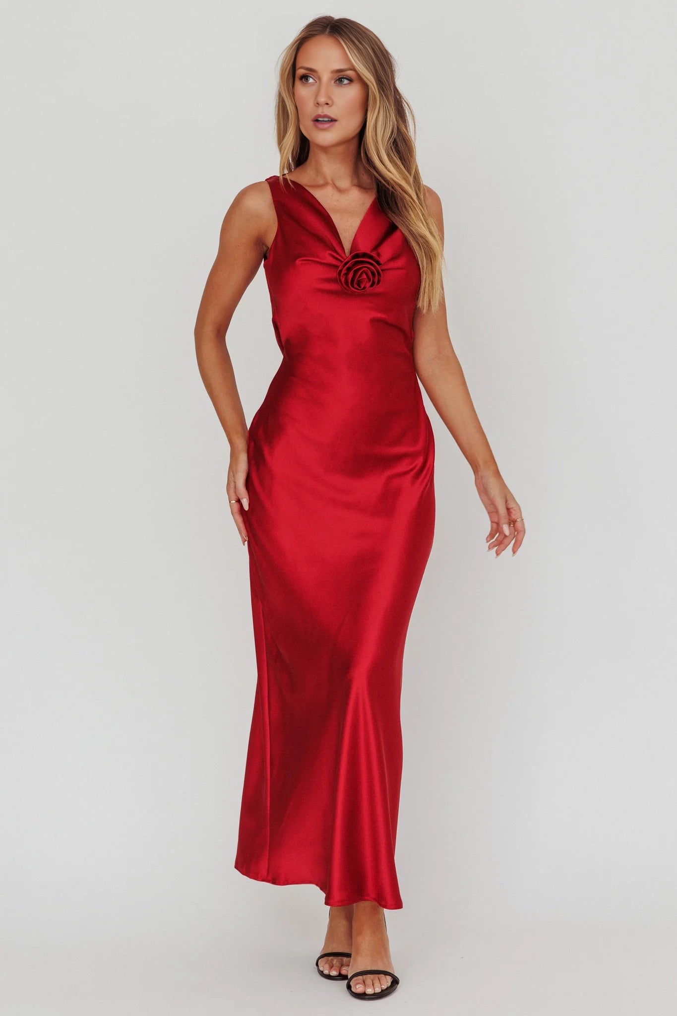 Gorgeous satin extra long rose knot invisible side zipper Homecoming Dresses