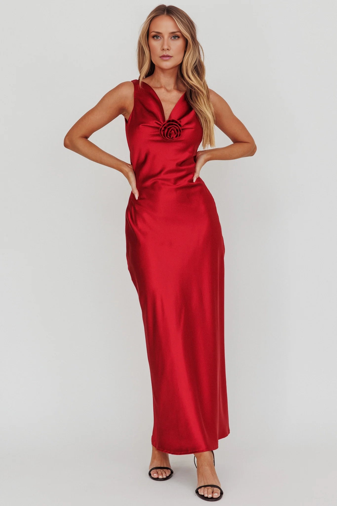 Gorgeous satin extra long rose knot invisible side zipper Homecoming Dresses
