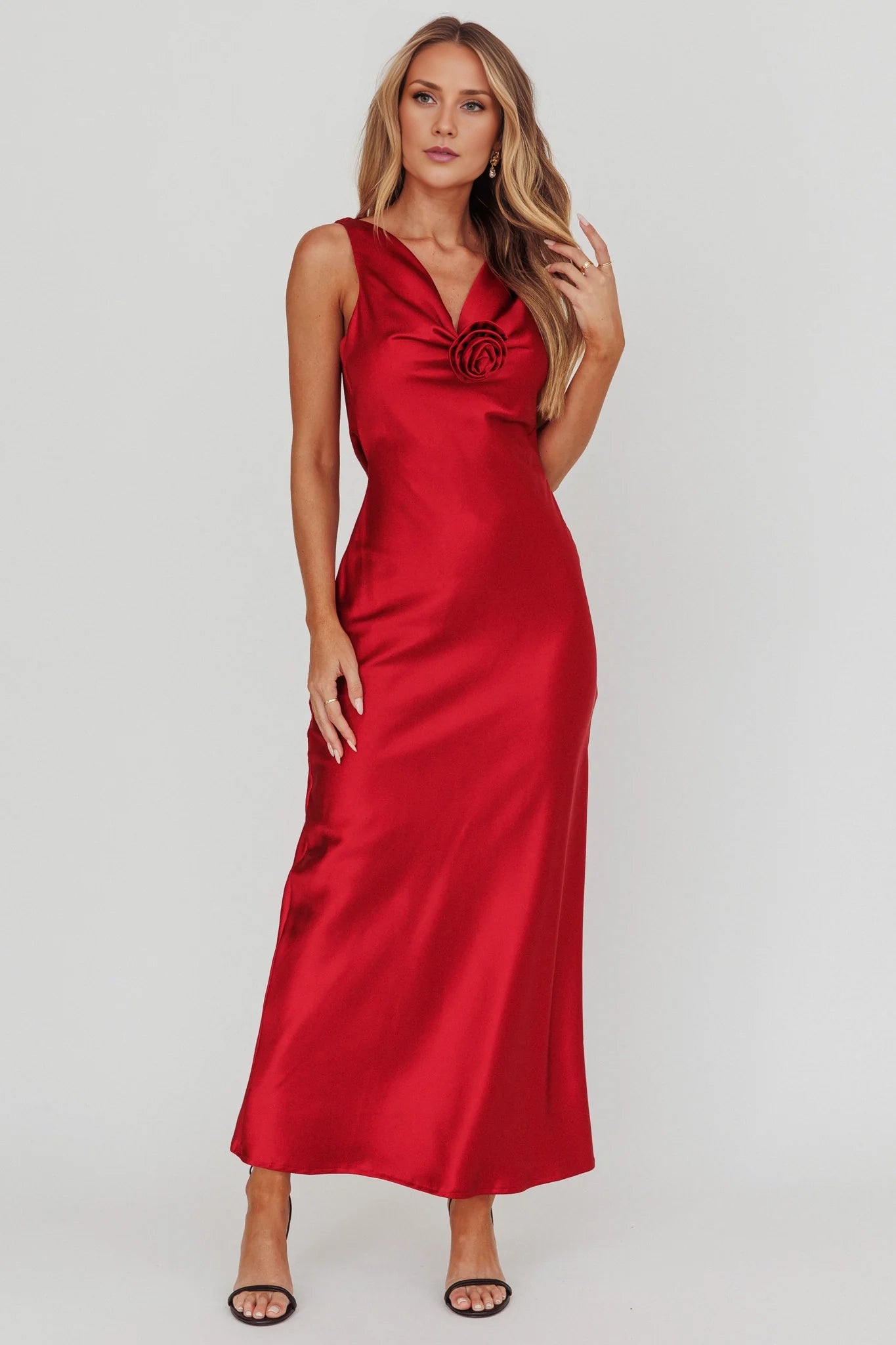 Gorgeous satin extra long rose knot invisible side zipper Homecoming Dresses