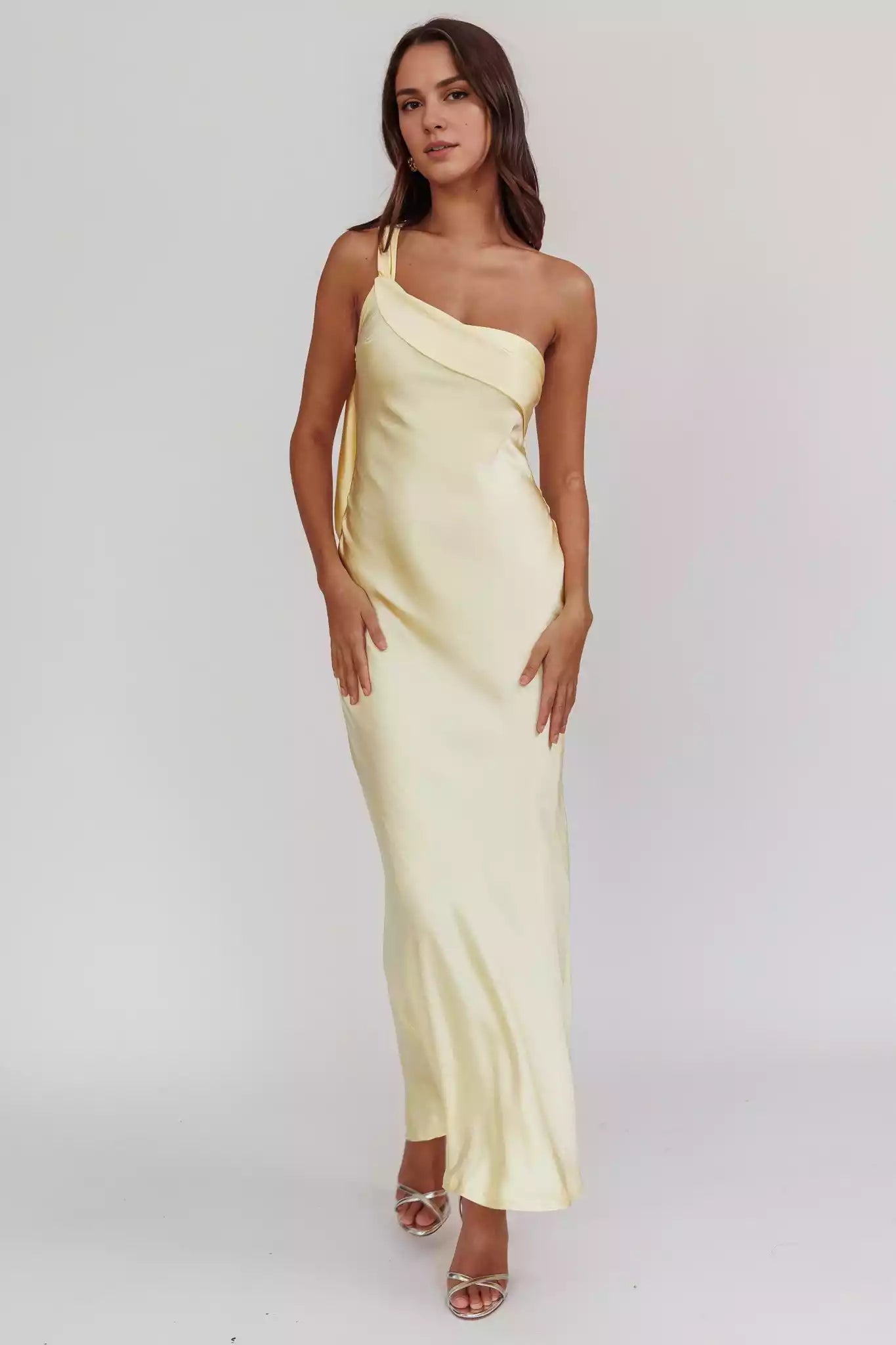 Gorgeous satin extra long single shoulder strap with ruffled edges, unlined, invisible side zipper Prom Dresses