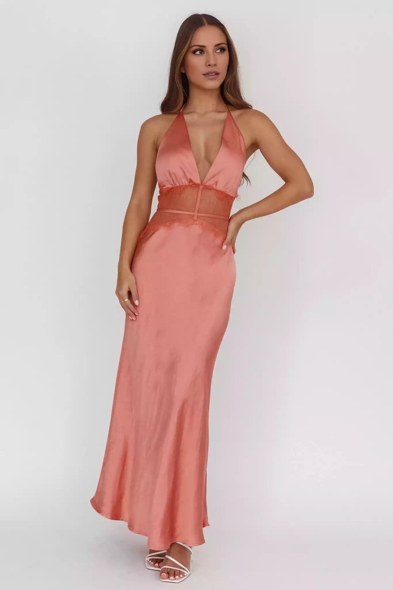 Gorgeous satin long lace front leg slit backless back zipper Prom Dresses