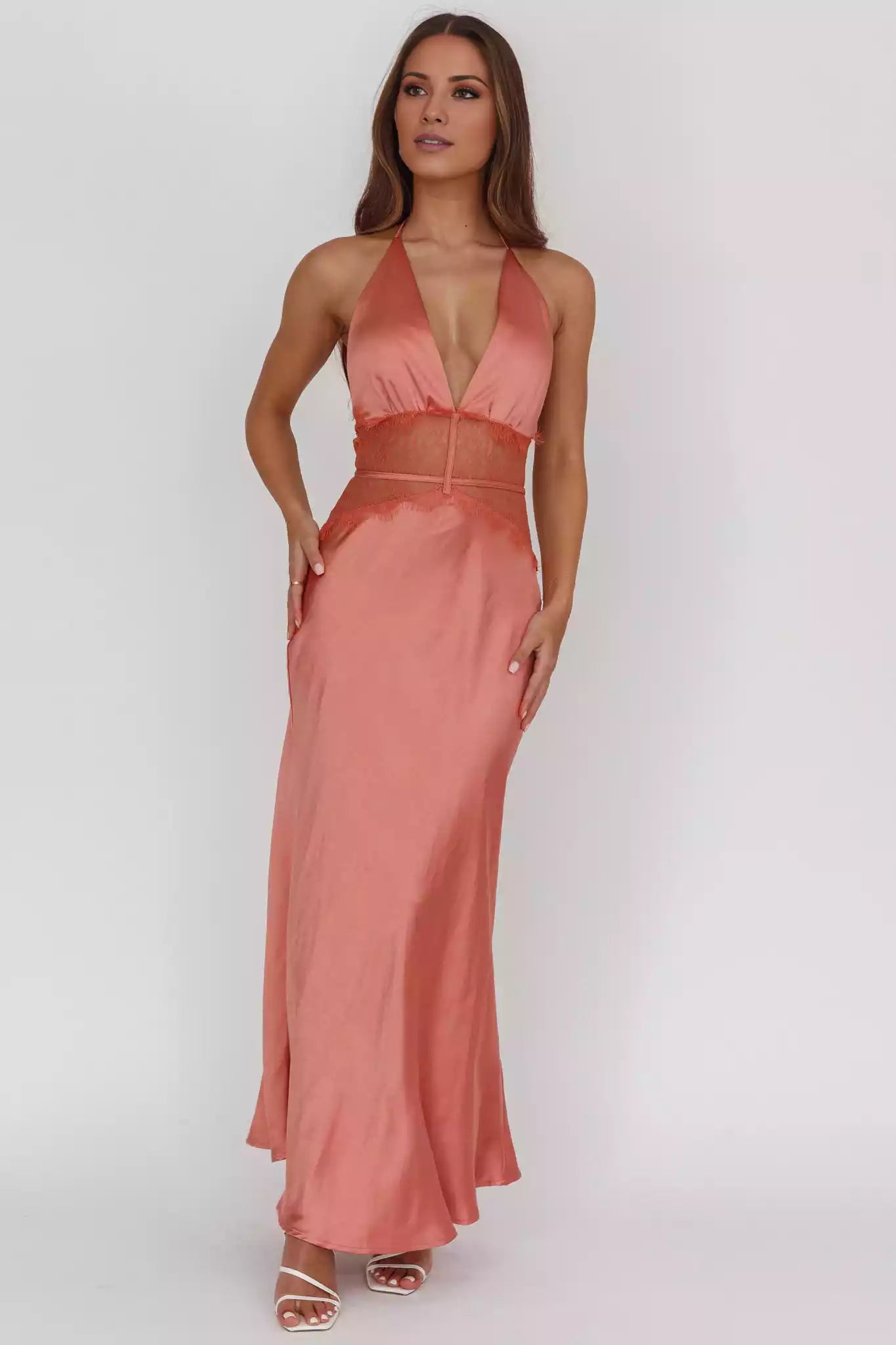 Gorgeous satin long lace front leg slit backless back zipper Prom Dresses