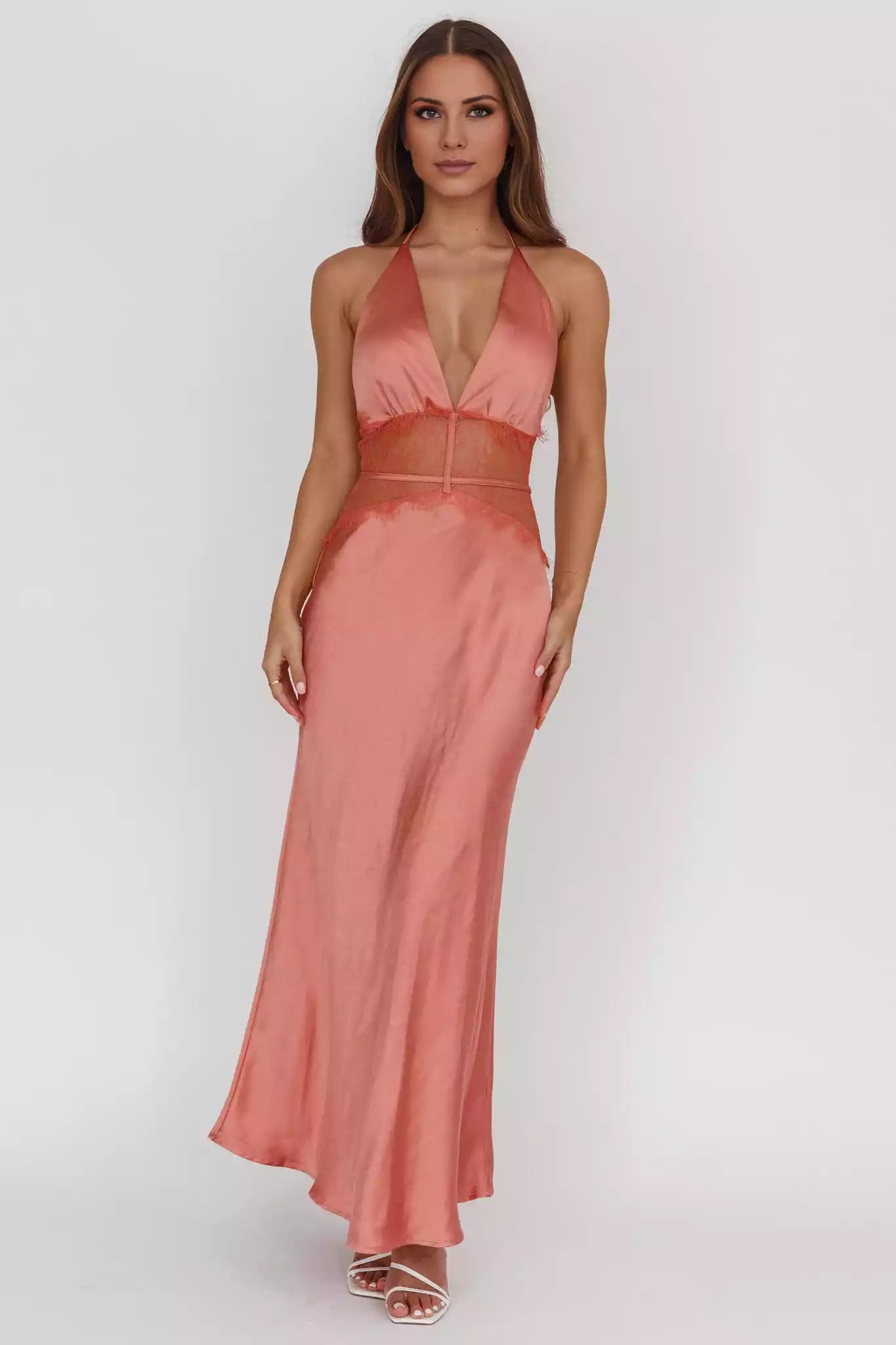 Gorgeous satin long lace front leg slit backless back zipper Prom Dresses