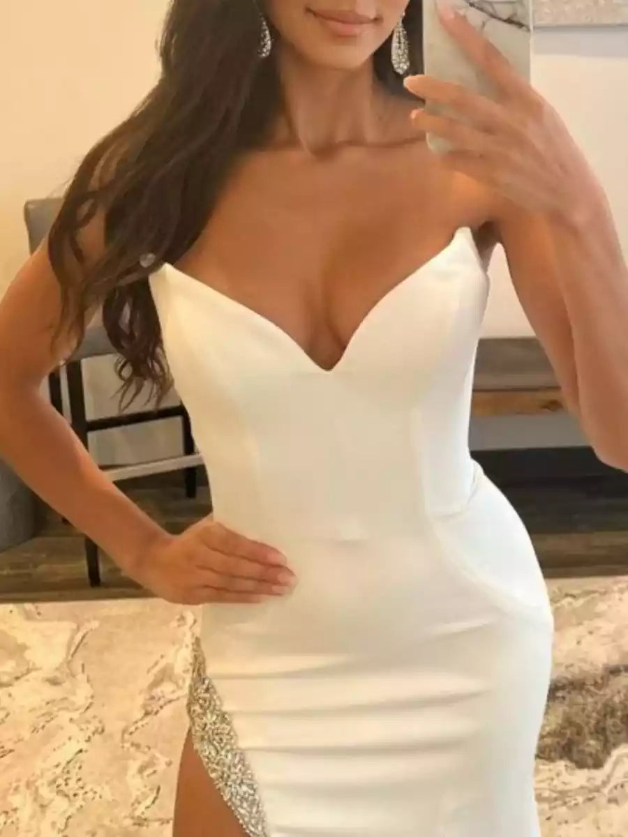 Gorgeous satin mermaid V-neck sleeveless slit, beaded zipper back Prom Dresses