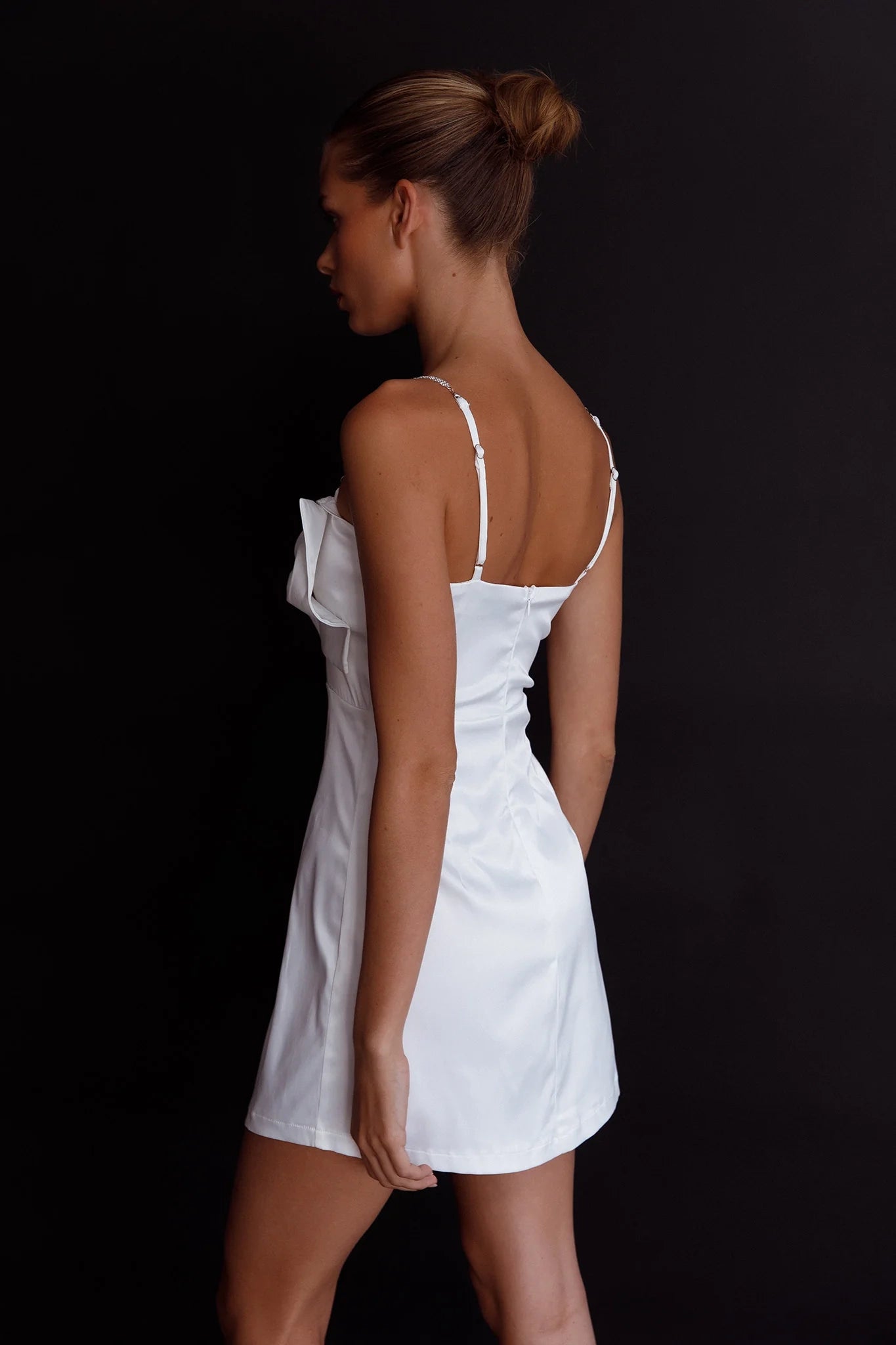 Gorgeous satin mini bow with adjustable diamond shoulder straps and zipper at the back Homecoming Dresses