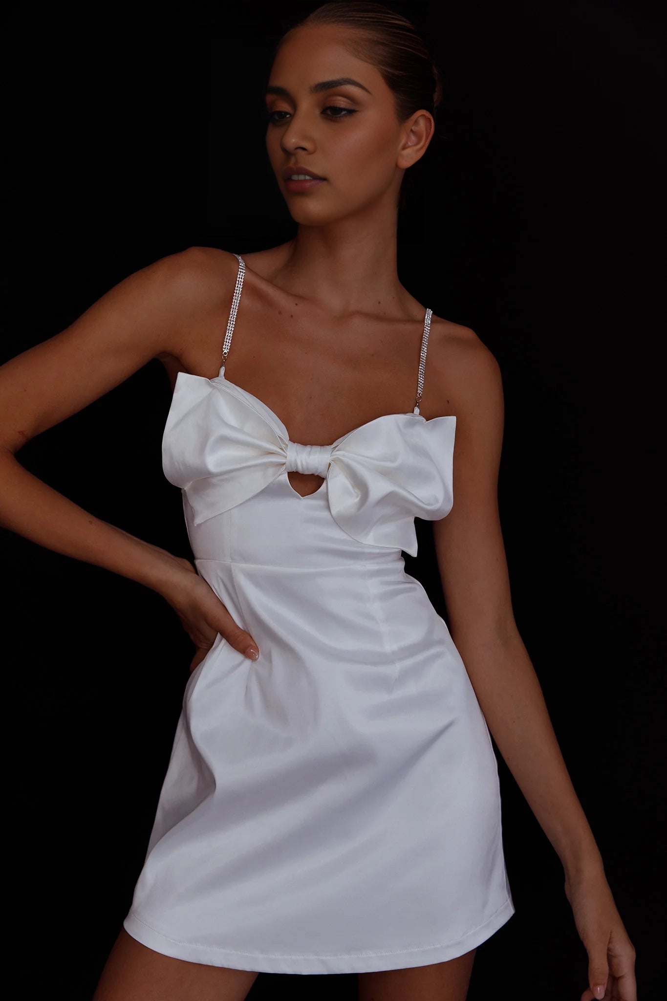 Gorgeous satin mini bow with adjustable diamond shoulder straps and zipper at the back Homecoming Dresses