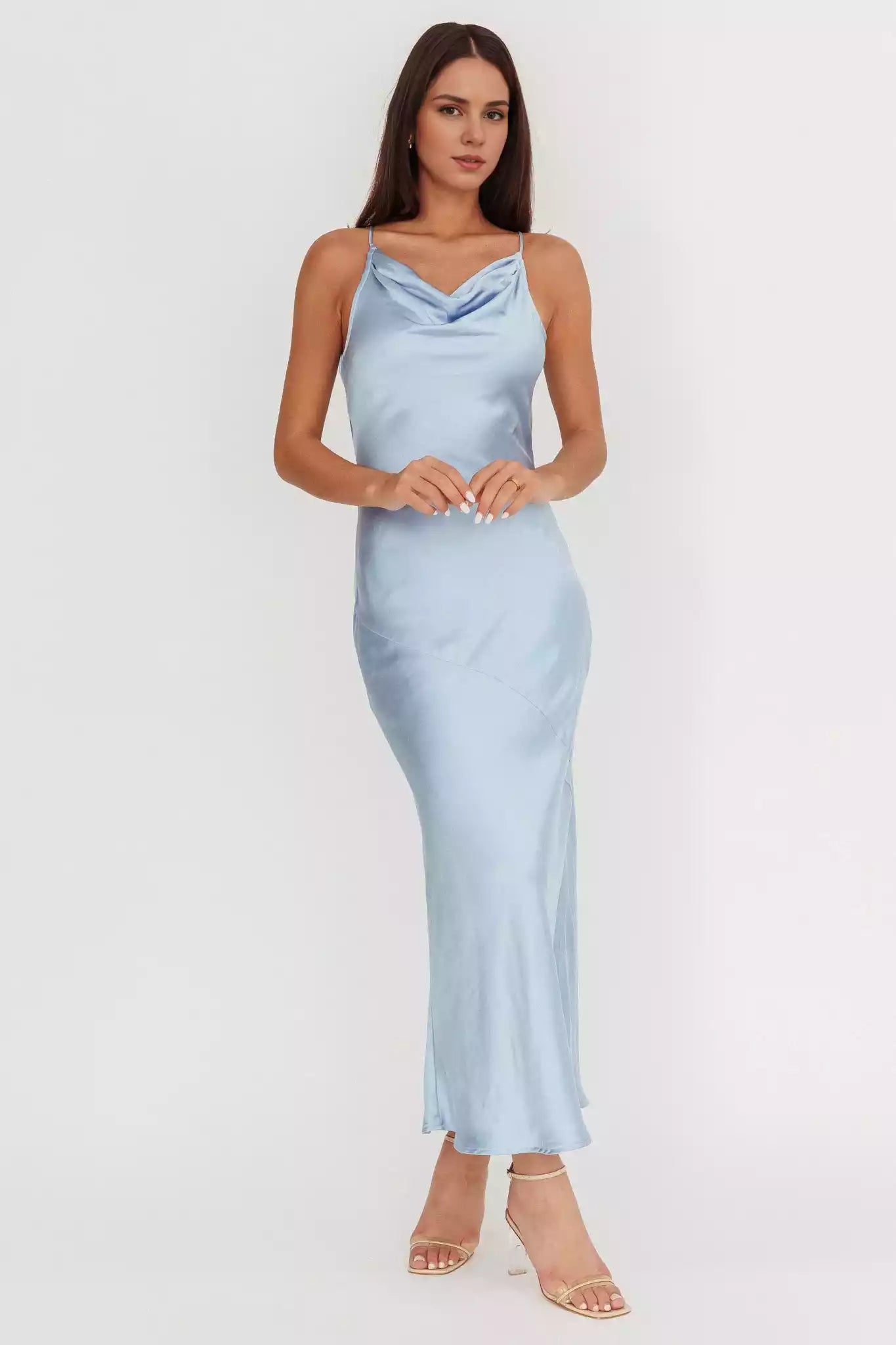 Gorgeous satin ultra long unlined scarf collar, side zipper, hollowed out mesh back Prom Dresses