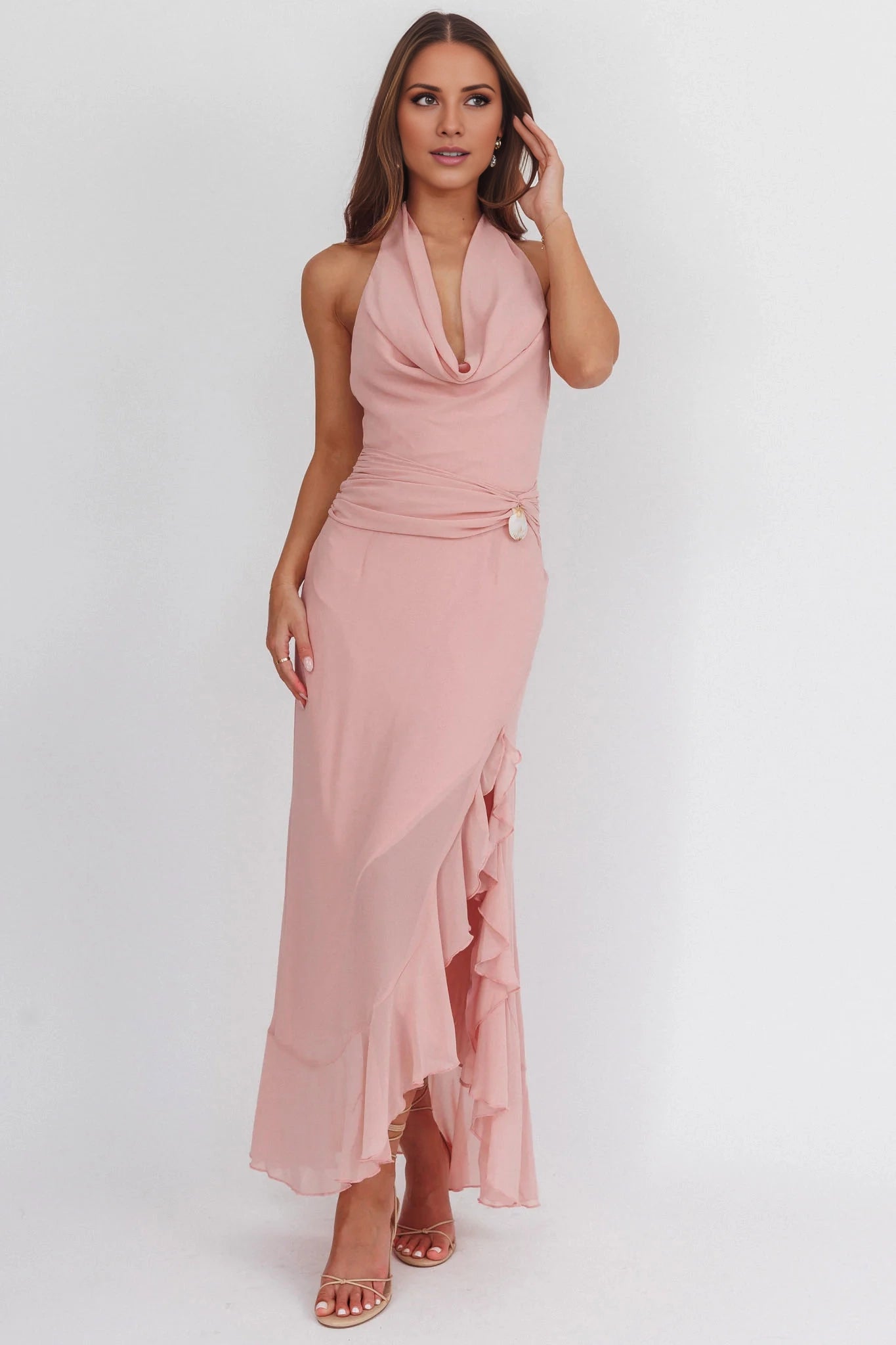 Gorgeous scarf collar with front slit and ruffled edges, back with zipper Homecoming Dresses