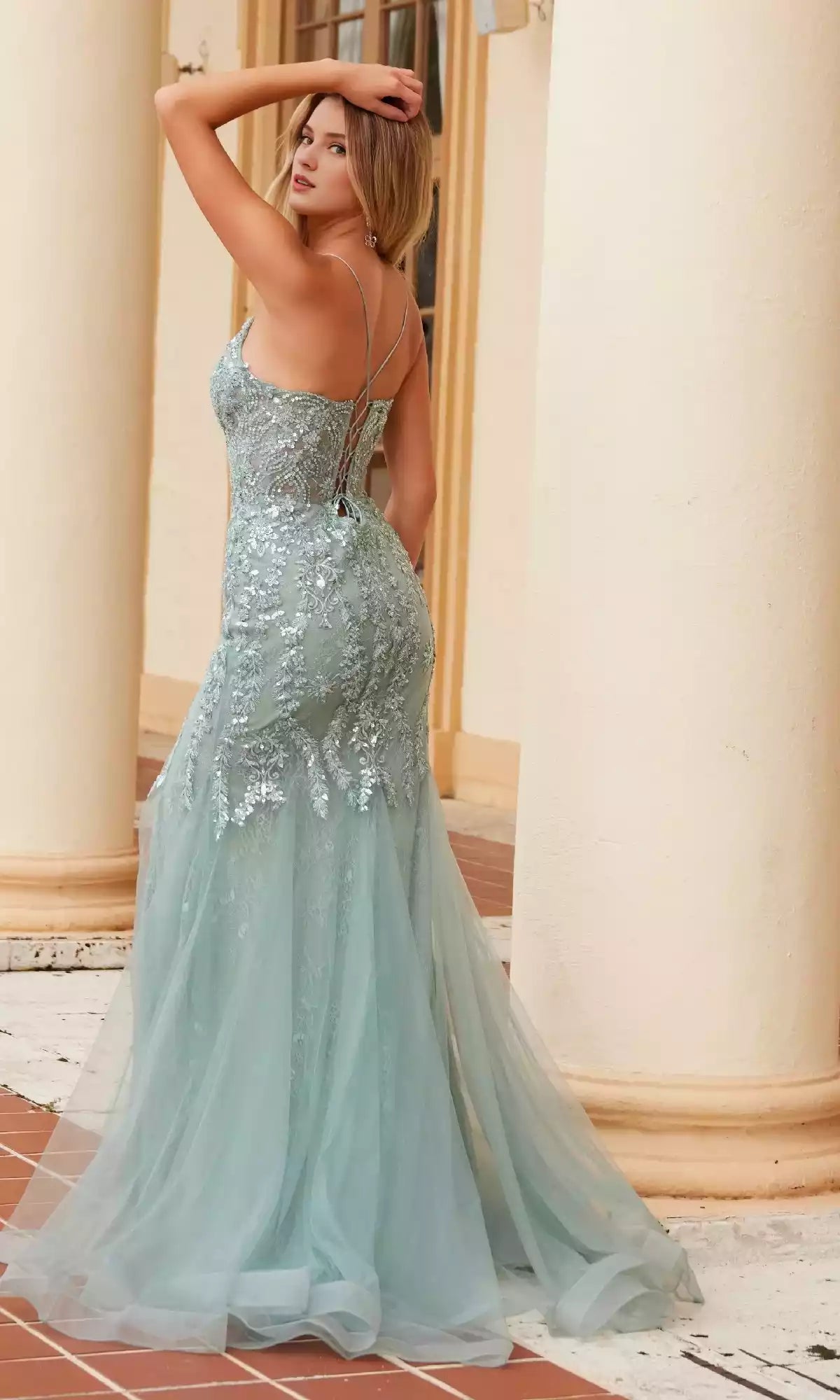 Gorgeous sequin decoration long mermaid deep V-neckline sheer tight corset with side slits Prom Dresses