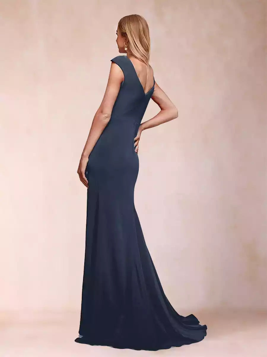 Gorgeous slim fit/straight V-neck pleated decal and side slit Mother of the Bride Dresses