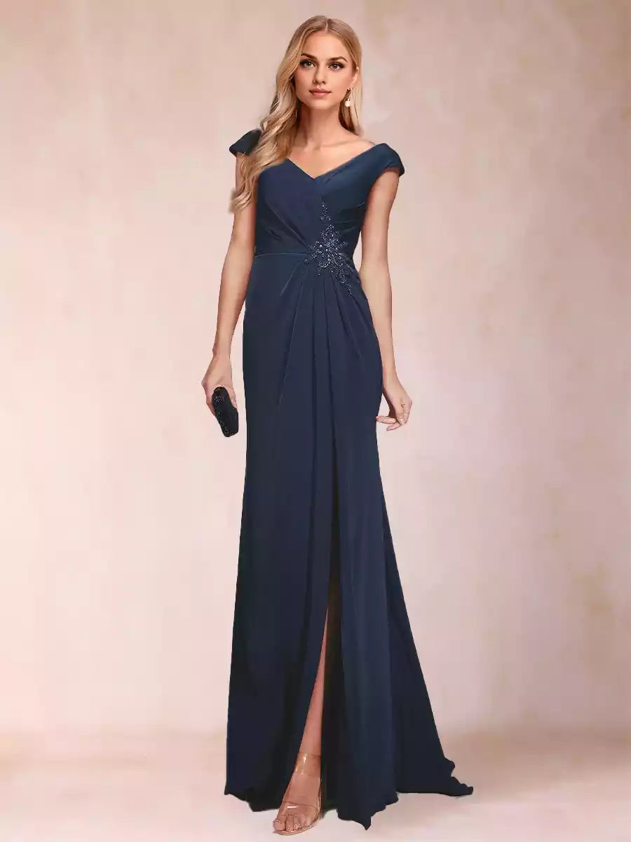 Gorgeous slim fit/straight V-neck pleated decal and side slit Mother of the Bride Dresses