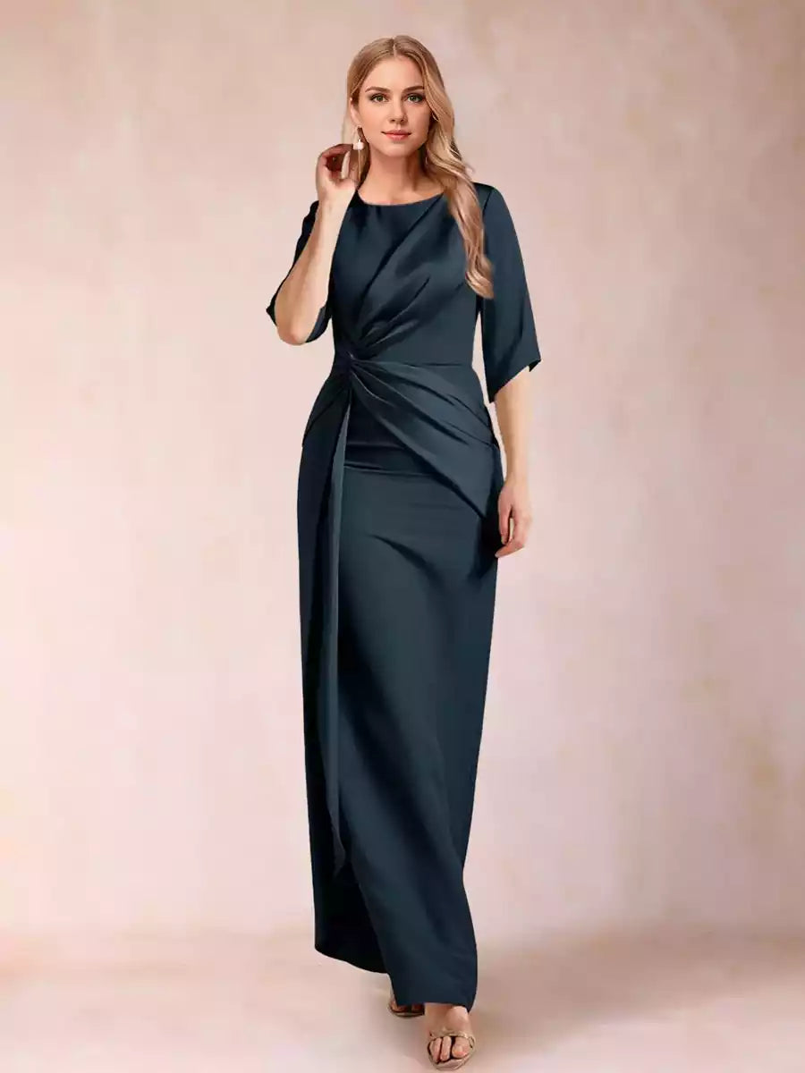 Gorgeous slim fit/straight round neck half sleeved pleated long style exudes elegance Mother of the Bride Dresses