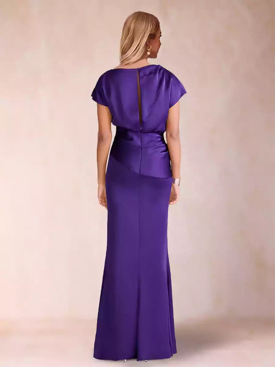 Gorgeous slim fit/straight round neck short sleeved pleated long Mother of the Bride Dresses