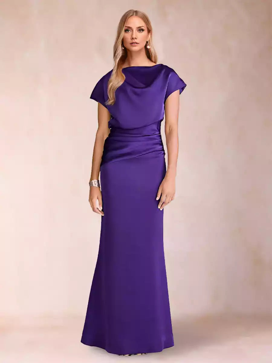 Gorgeous slim fit/straight round neck short sleeved pleated long Mother of the Bride Dresses