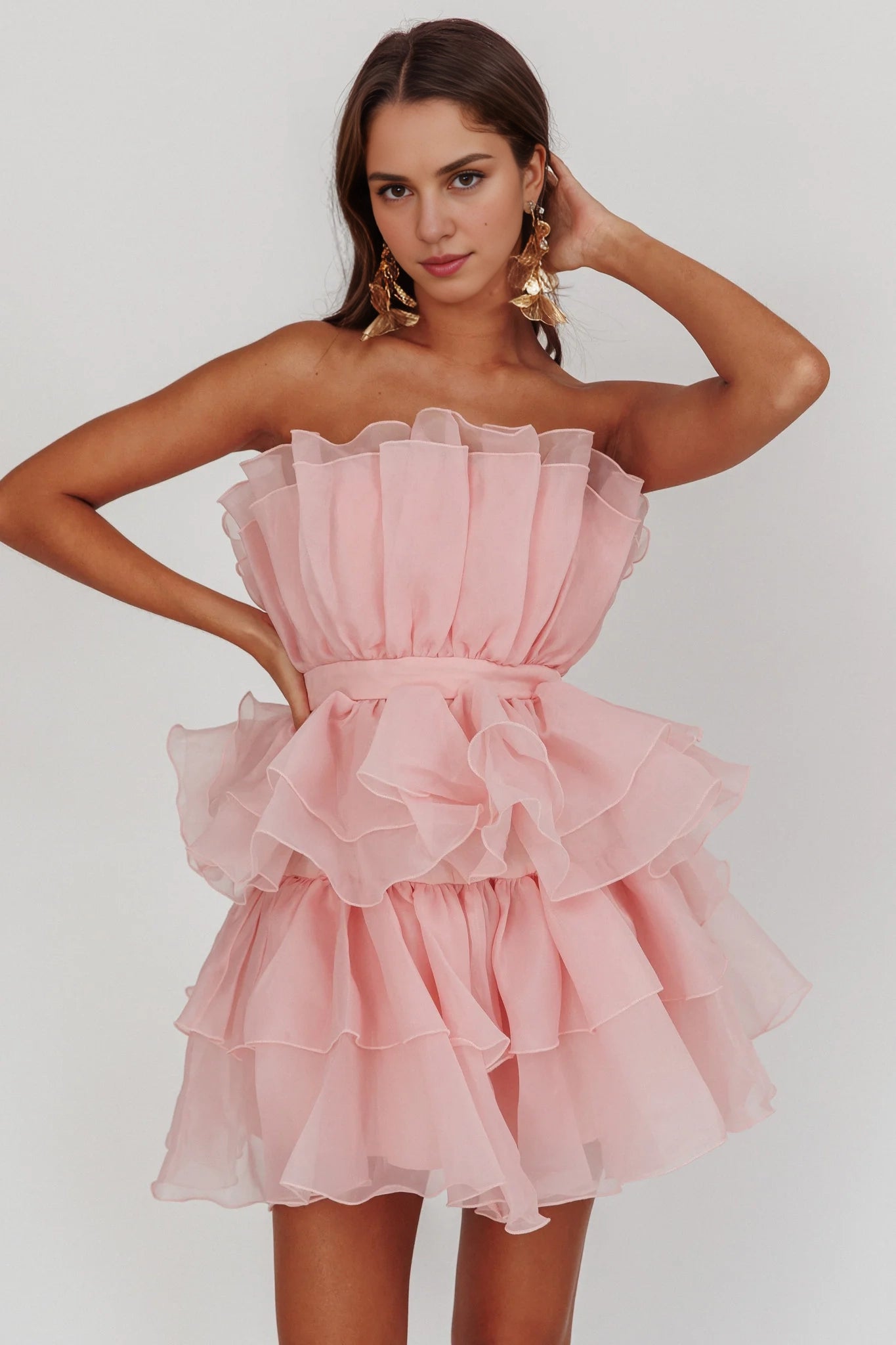 Gorgeous strapless mini ruffled organza layered invisible side zipper Homecoming Dresses