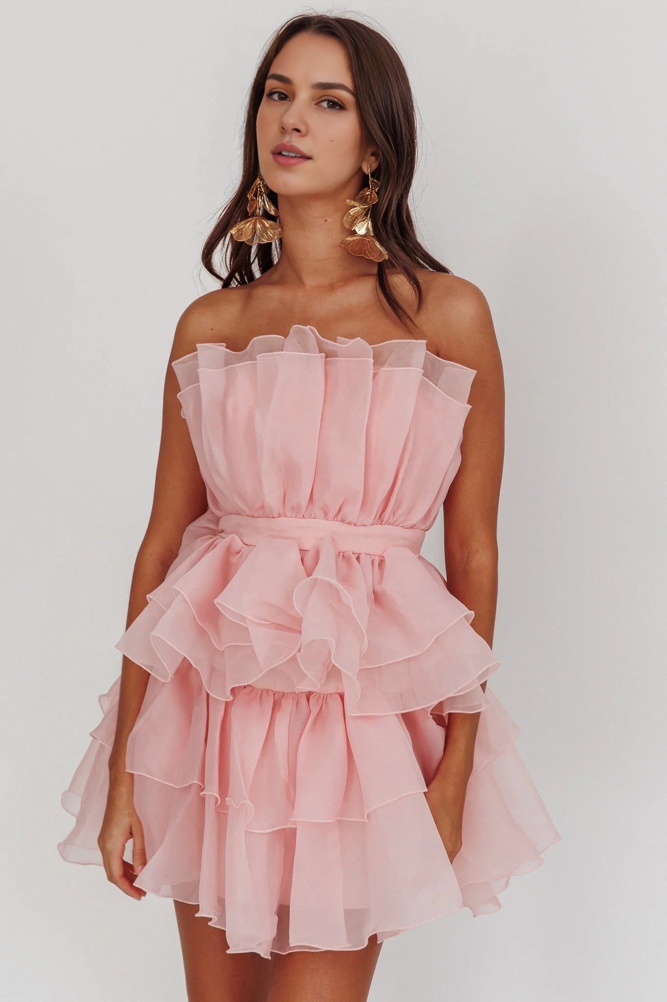 Gorgeous strapless mini ruffled organza layered invisible side zipper Homecoming Dresses