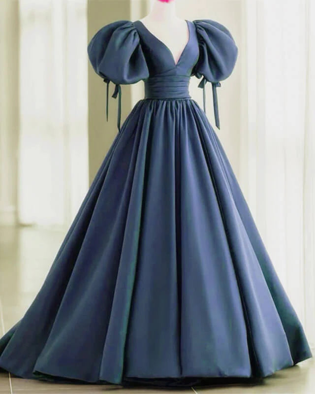 Dusty Blue Evening Dresses Puffy Sleeve Satin Ball Gown