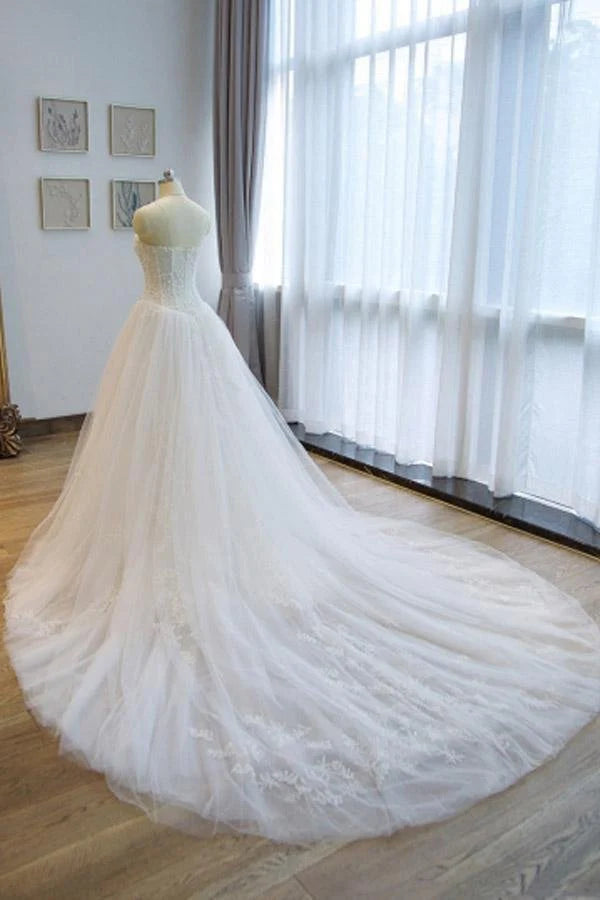 Ball Gown Strapless Lace Appliques A Line Chapel Train Wedding Dress