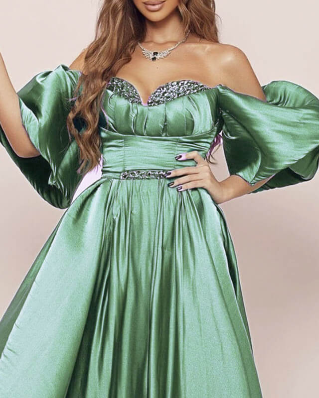 Puffy Sleeve Sage Satin Off-The-Shoulder Evening Dress