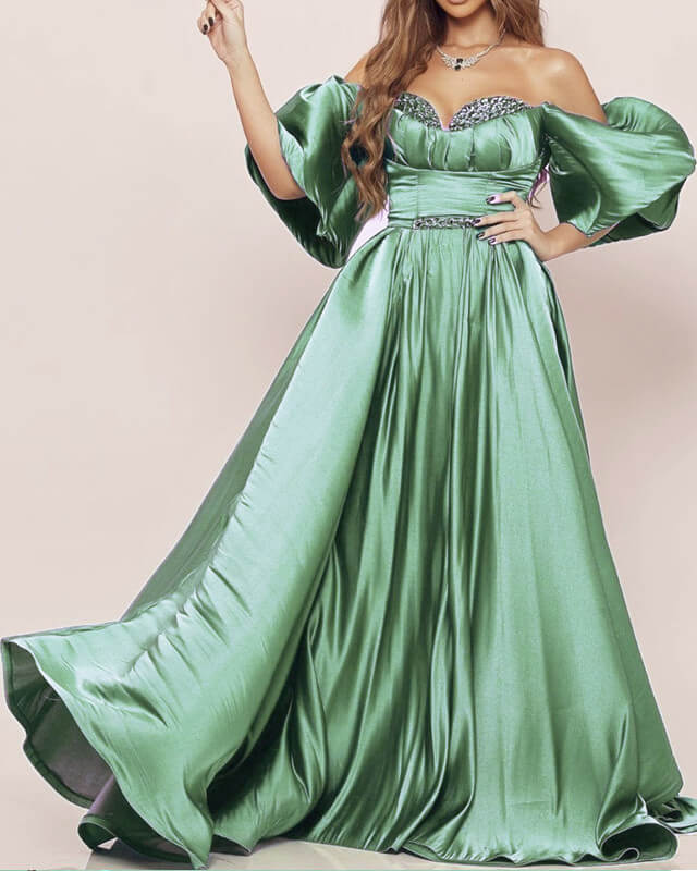 Puffy Sleeve Sage Satin Off-The-Shoulder Evening Dress