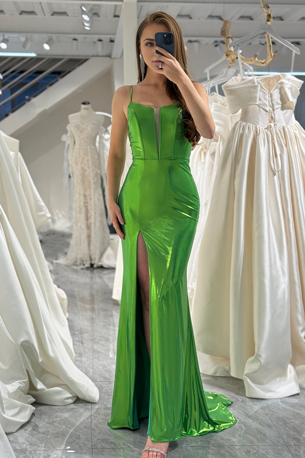 Mermaid Spaghetti Straps Long Metallic Prom Dress With Slit