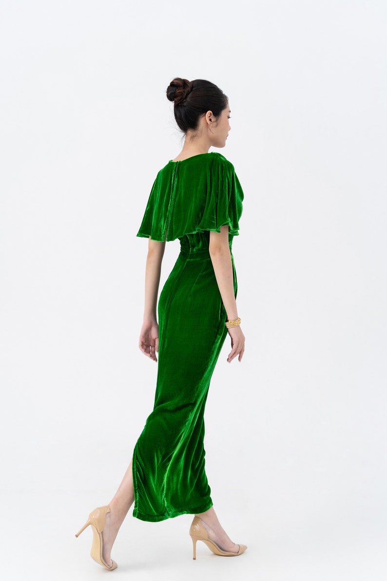 Kelly Green Mulberry Silk Velvet Dress Luxurious Silk Velvet With Cowl Neck Long Dress