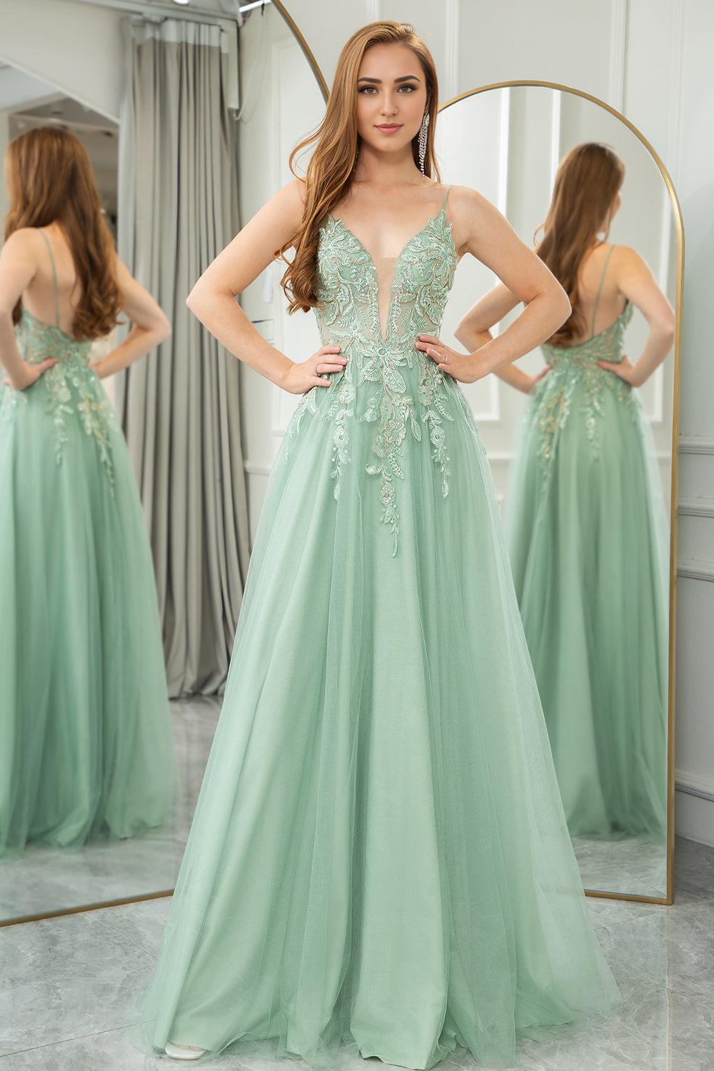 A-Line Tulle Backless Long Prom Dress With Glitter Appliques